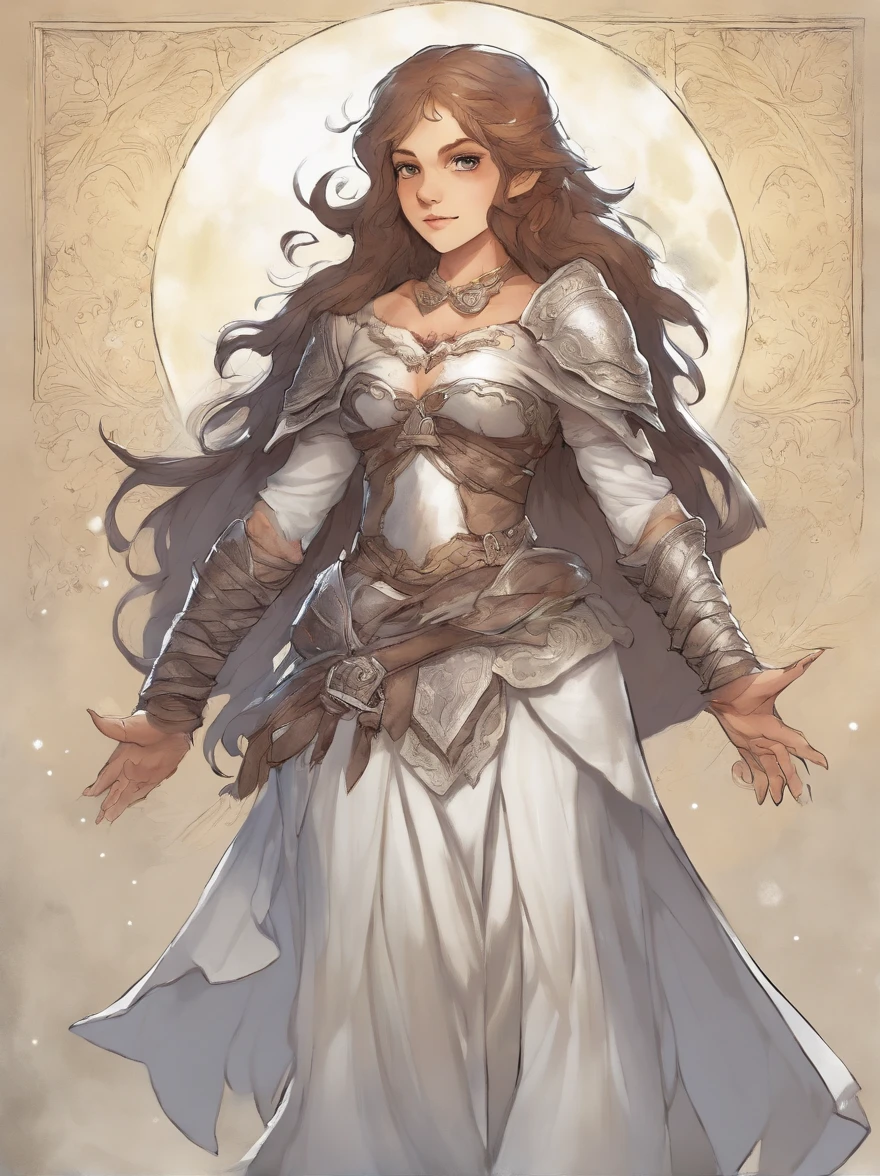 Halfling, Wearing Minerva Bustier, moon-silver armor that glows with a white cape, masterpiece, best quality