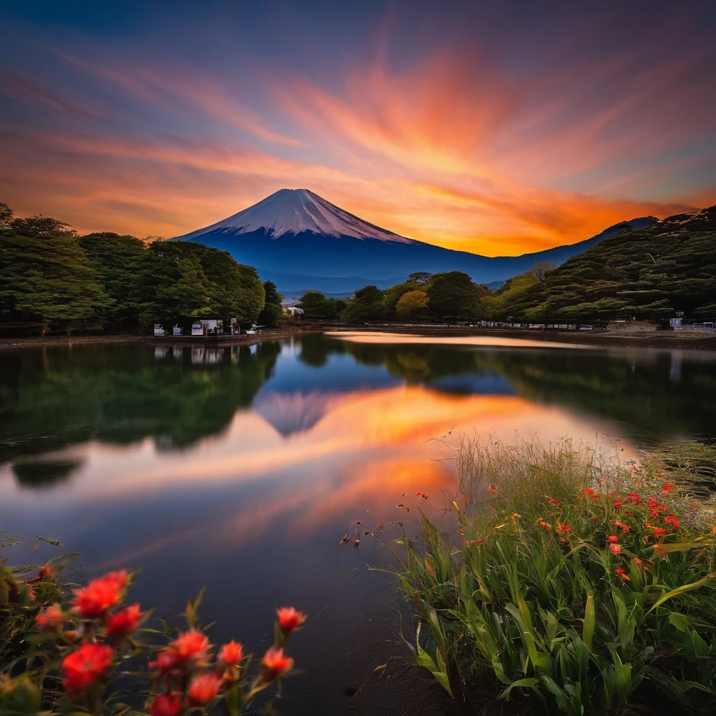 Beautiful pictures、magnifica、Amazing reflections of the sky, Incredible reflections, beautiful reflection, stunning photo, epic and stunning, Diamond Fuji、Mt fuji、The sun is on the top of the mountain:1.9