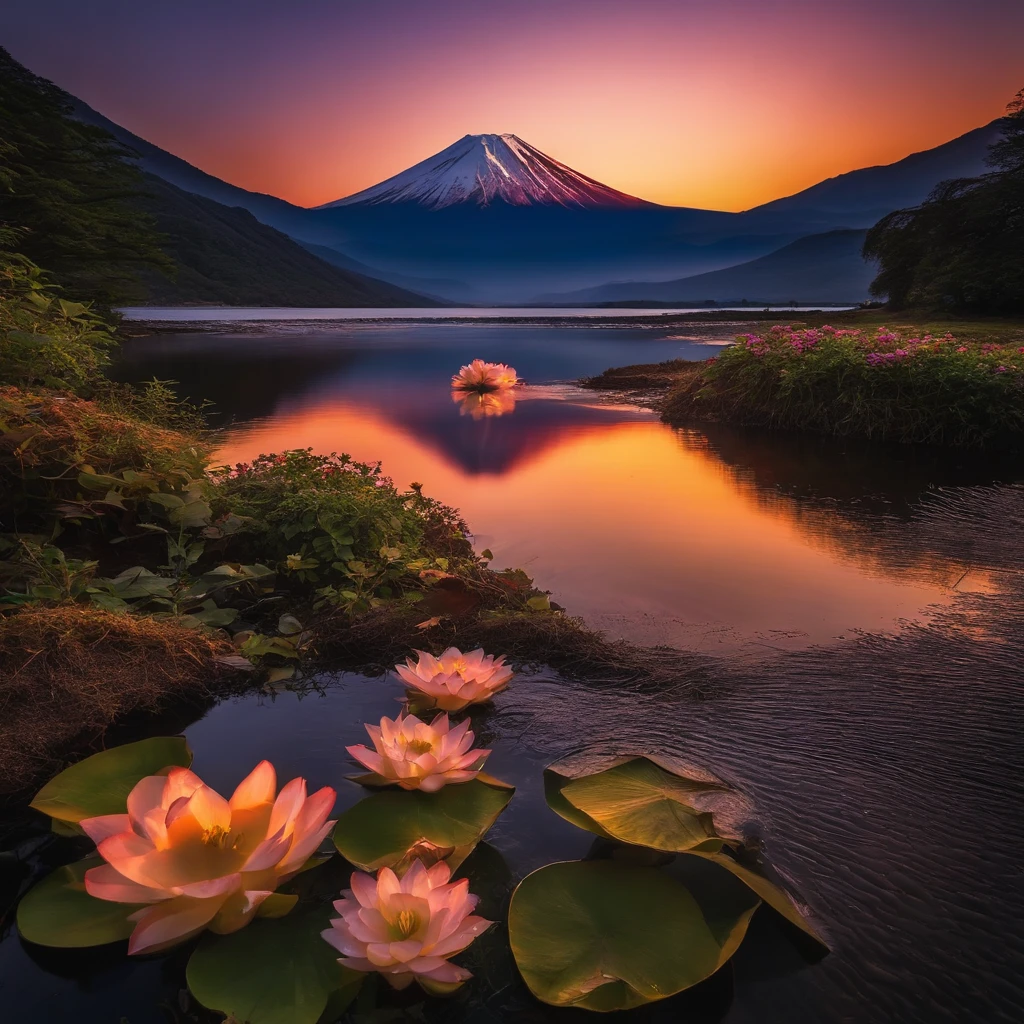 Beautiful pictures、magnifica、Amazing reflections of the sky, Incredible reflections, beautiful reflection, stunning photo, epic and stunning, Diamond Fuji、Mt fuji、The sun is on the top of the mountain:1.9