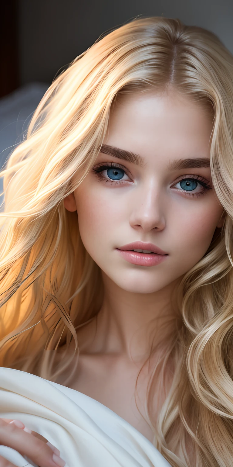 Photo of a 20-year-old European girl, raw, Beautiful woman, (Extra long wavy blonde hair), ((Portrait)), ((Detailed face:1.2)), ((detailed facial features)), (finely detailed skin), pale skin, , wrapped in a sheet, Bedroom environment, Lying on the bed, (cold color), moist, moist, Reflectors, (masutepiece) (perfectly proportions)(photos realistic)(Best Quality) (Detailed) photographed in a Canon EOS R5, 50mm Lens, F/2.8, nffsw, (8K) (Wallpaper) (Cinematic lighting) (Dramatic Lighting) (foco nítido) (Convoluted) Fashion, From above