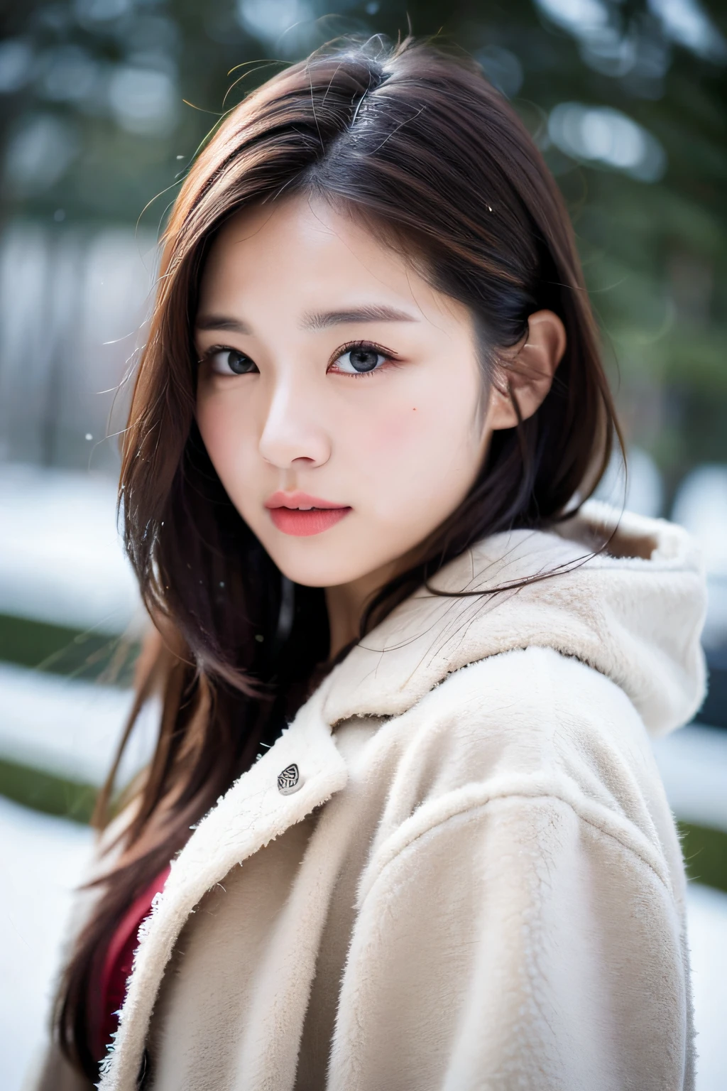 realistic photos of (1 cute Korean star) Shoulder-length hair, thin makeup, medium breasts size, wearing coat, in the snow, clear facial features, 8K high resolution, sharp and realistic details.from outside, Eye-Level Shot, f/4.0, 135mm, Fujifilm, jpeg artifacts, dithering, UHD, masterpiece