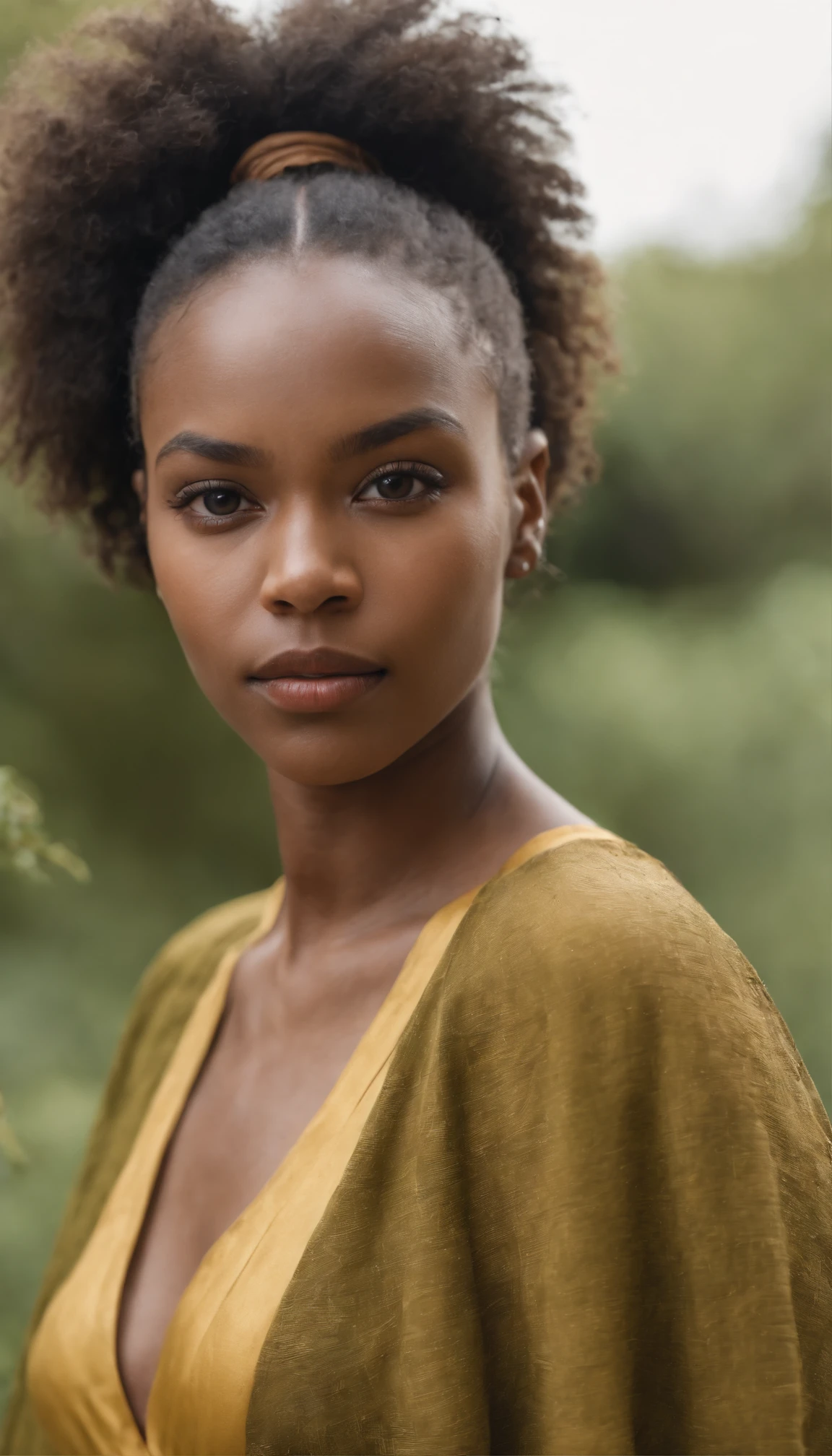 portrait en pied de femme noire, nez pointu, frizzy hair, robe jaune longue africaine, boucle d'oreille en bois marron, bracelet en bois marron, dans un fond simple vert olive
