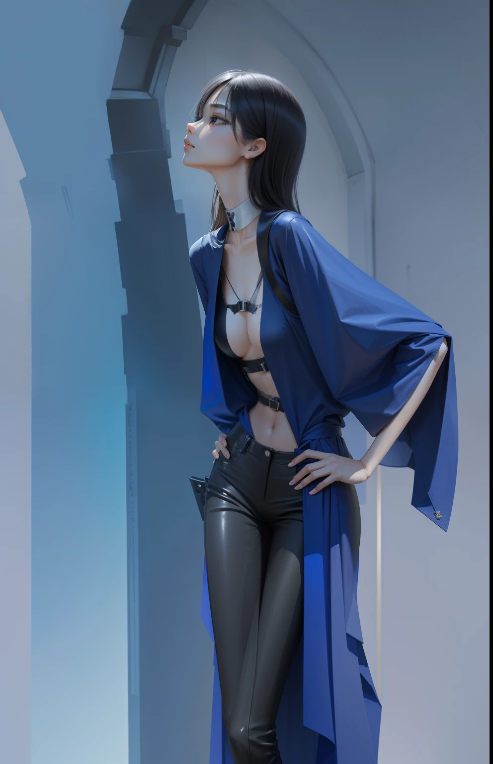 pelvic bone,the ribs,鎖骨,emaciated,slenderness,big breasts thin waist,Thin leg,tight leather pants