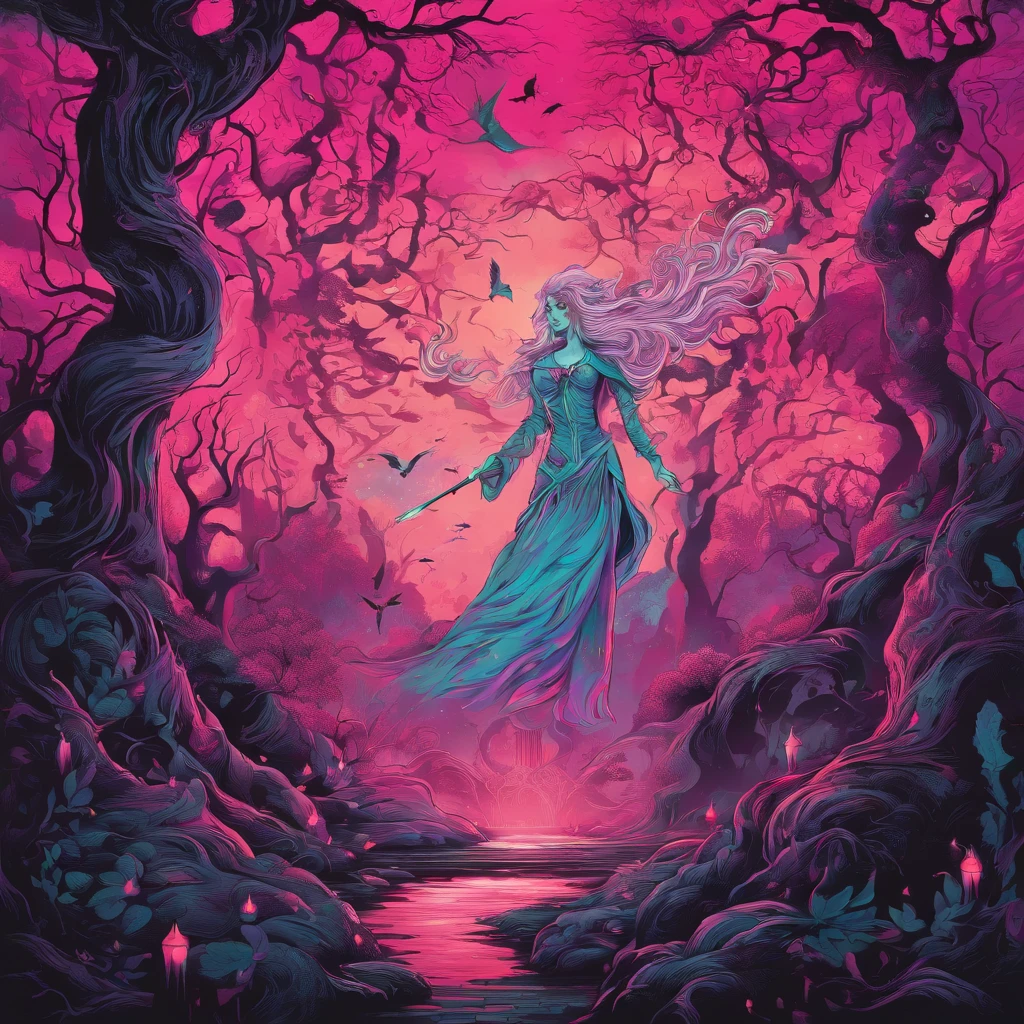 (a pink-haired demon woman,spells:1.1,glowing:1.1)(illustration)(best quality,ultra-detailed,realistic:1.37),demonic witch(demonic:1.1)(magic:1.1)(forest)(dark and mysterious,ominous atmosphere),casting powerful spells,creating magical energy(magic:1.1),vibrant pink hair(swirling pink hair)(flowing pink hair),horns(devil horns:1.1),piercing red eyes,enchanted scepter(magical scepter),elaborate dark robe,glowing magical sigils,fiery embers swirling(magical embers:1.1)(glowing embers),magical aura(glowing aura),eerie shadows,otherworldly presence(presence),sinister smile,nightfall in the background(dark night:1.1)(moonlit forest),lush and dense foliage(twisted trees)(mystical plants:1.1),mystical particles(swirling particles)(floating particles),ethereal glow(ethereal:1.1)(soft glow),faint moonlight breaking through the trees,haunting and captivating(scary atmosphere),bewitching beauty,wide range of colors(vivid colors)(contrasting colors),mystical realm,impressive details,dynamic composition,mesmerizing artwork,photorealistic style(picasso style),impressive shading and lighting,explosive energy,magical atmosphere(fantasy atmosphere),dreamlike scene