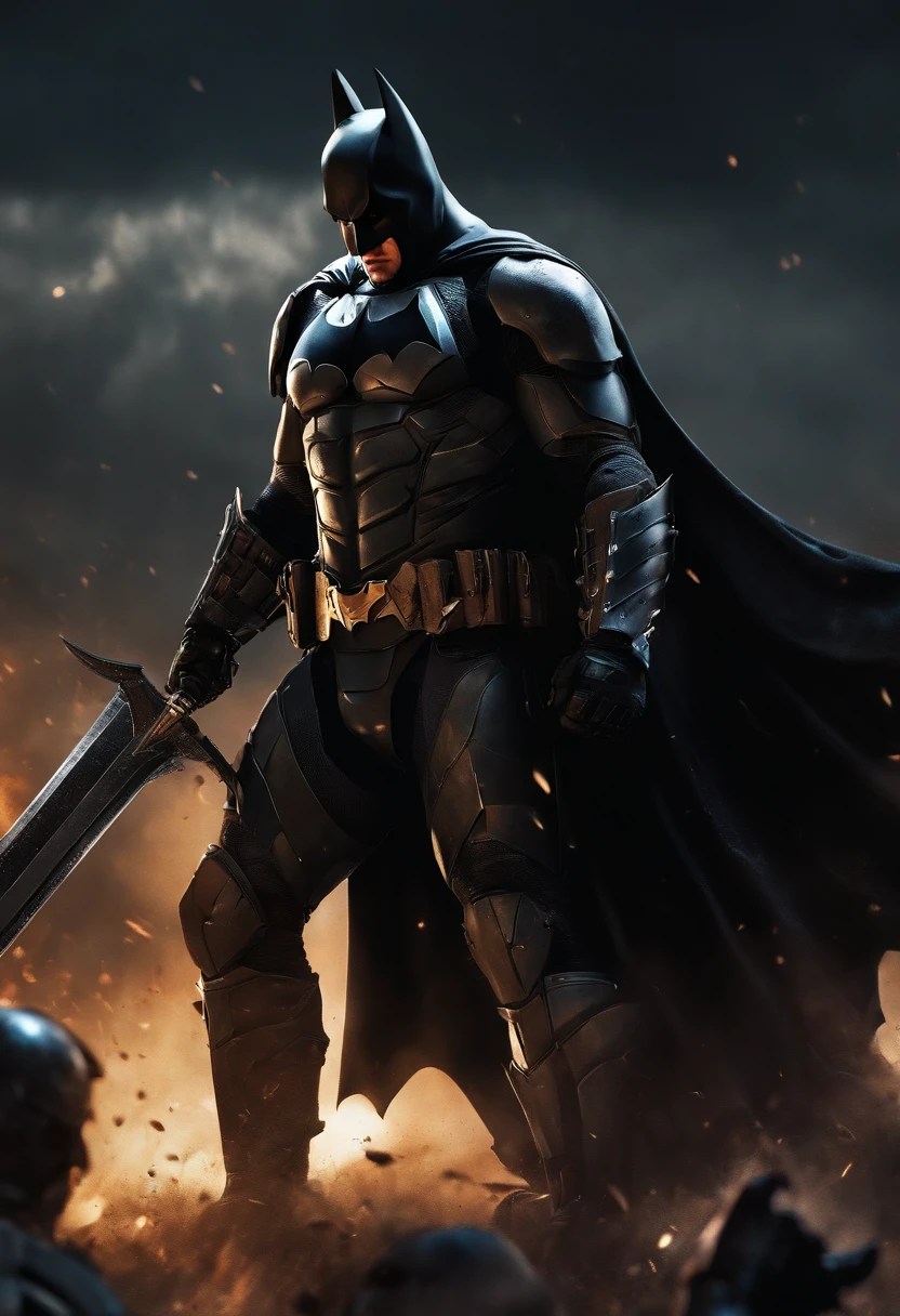 batman as a spartan warrior, dying on battlefield , bloody armor, epic, 8k