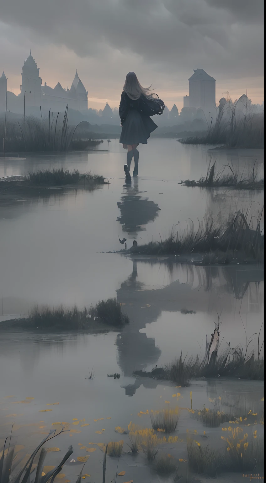On a grey rainy day a beautiful young lady (((walking into a lake away from camera))), extreme long shot, full body shot, very large lake, walking in shallow shoreline, 24k resolution, impressionism art style, photorealistic, hyperdetailed, stormy clouds, up to her knees in water, no dock, walking away from camera.