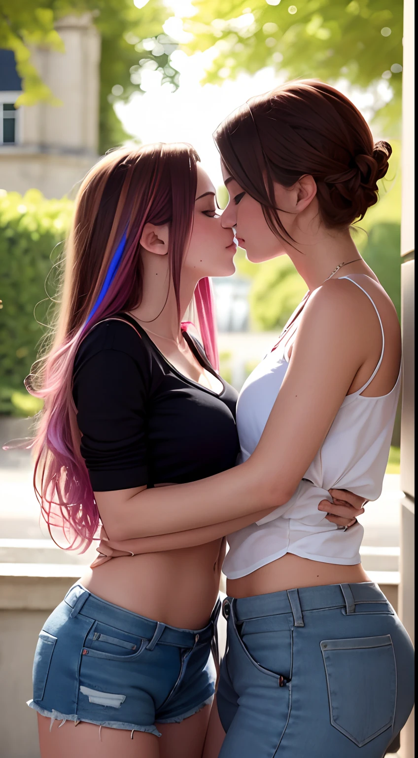 Young British realists, Beautiful, 2 Tennage lesbian girls kiss romantically, 15 years, Ropa casual, diferente color de cabello, Diferentes poses, Disco duro, 64k, full resolution, Fotorrealista