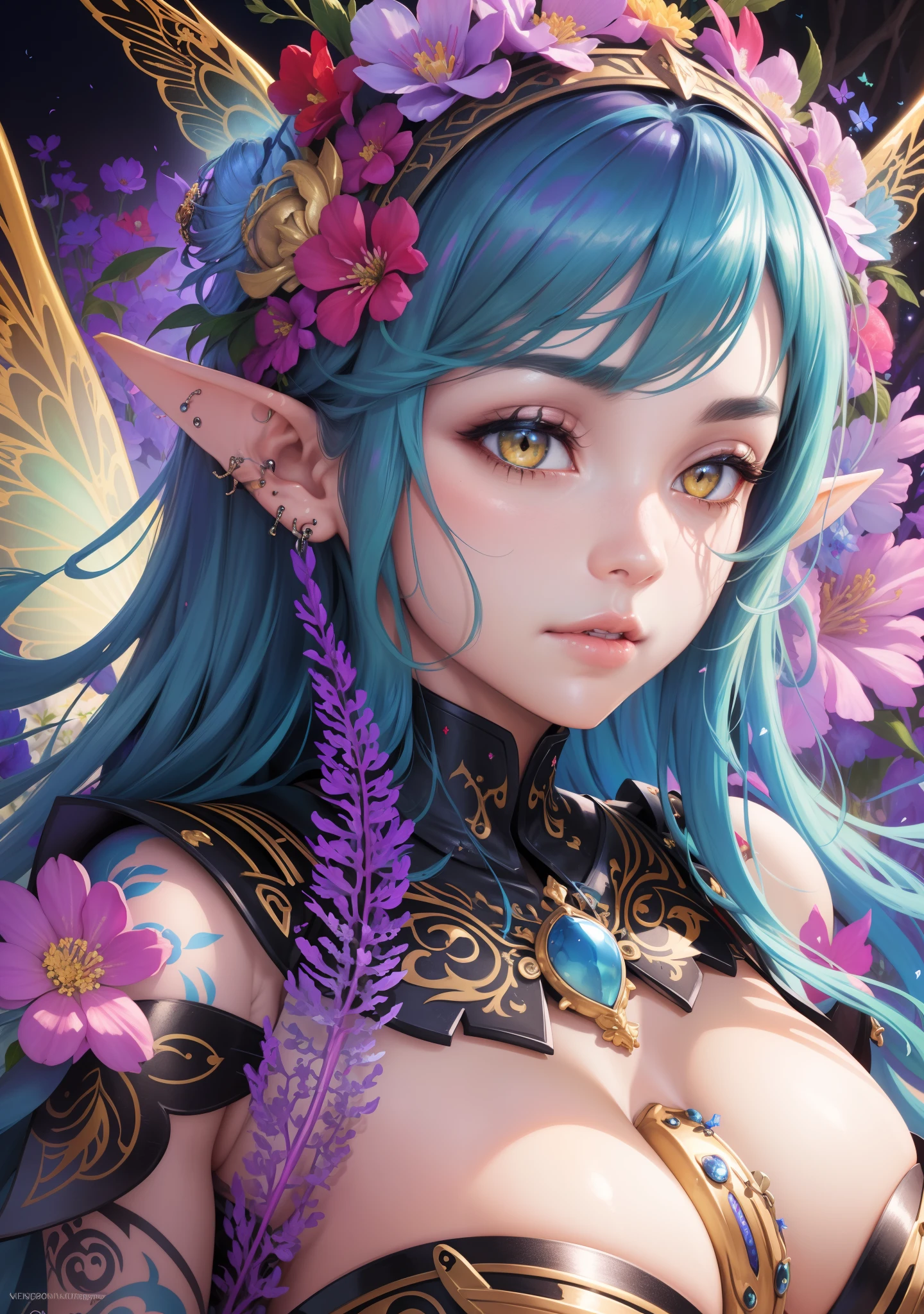 A portrait of the most beautiful and sexy elf goddess, blue hair, yellow eyes, wearing the most beautiful and highly detailed battle armor, with fairy wings, huge gigantic tits, cleavage showing, tons of tattoos and piercings, in an enchanted kingdom, flower pedals and butterflies blowing in the wind highly detailed background, perfect masterpiece, high quality, high resolution