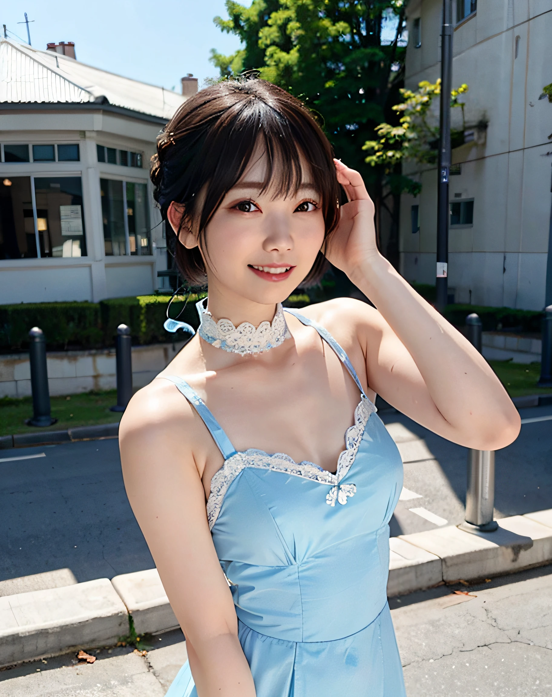 a woman posing on the street corner with light blue dress on、top-quality、 1 a person、large full breasts、tag、with light glowing、Blur background、bokeh dof、outside of house、(street:0.8)、(a person々、crowd:1)、(lace-trimmed)doress:1.5、sleeveless dress、Water-colored suit、Light Blue High Neck Dress:1.2、Blue Dress:1.5)、a gorgeous(short-hair、forehead:1.2)、Beautiful sky with details、耳Nipple Ring、(dynamicposes:1.2)、 (The upper part of the body:0.8)、Soft lighting、the wind、glowy skin、a smile、((Gahaha laughter, Highly detailed white tooth texture))、