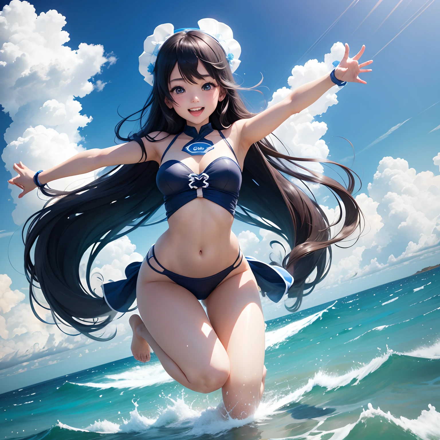 Cheerful girl、Attractive eyes、supple figure、Jumping、The ocean stretches beyond the horizon、wide angles、on clouds、Irridescent color(1、8)