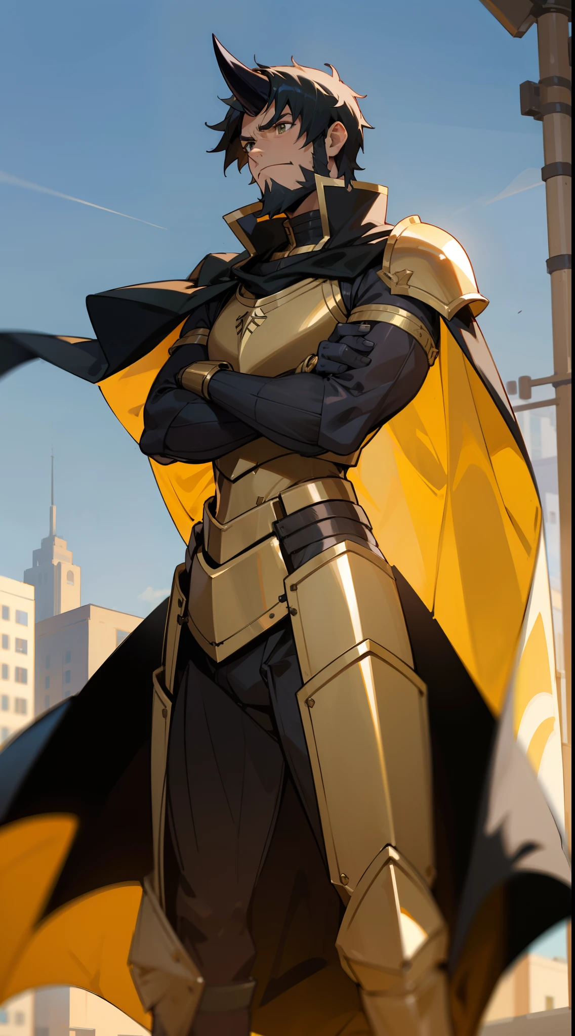 1man,black horn,solo,muscle, golden templar armor,green eyes,facial hair,short hair,black hair,masterpiece,best quality,standing in a road of a city at sunset,crossed arms,,black cape