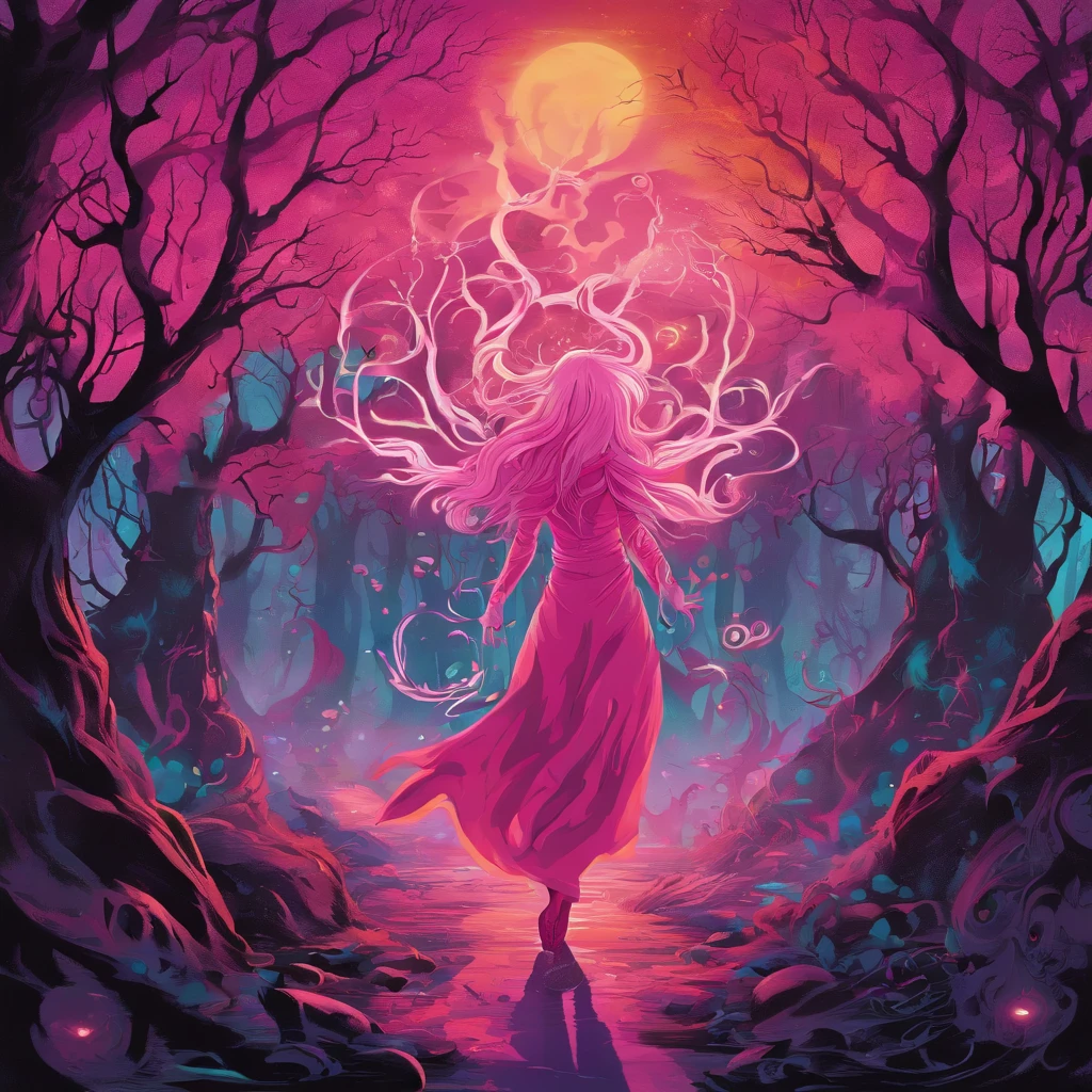 (a pink-haired demon woman,spells:1.1,glowing:1.1)(illustration)(best quality,ultra-detailed,realistic:1.37),demonic witch(demonic:1.1)(magic:1.1)(forest)(dark and mysterious,ominous atmosphere),casting powerful spells,creating magical energy(magic:1.1),vibrant pink hair(swirling pink hair)(flowing pink hair),horns(devil horns:1.1),piercing red eyes,enchanted scepter(magical scepter),elaborate dark robe,glowing magical sigils,fiery embers swirling(magical embers:1.1)(glowing embers),magical aura(glowing aura),eerie shadows,otherworldly presence(presence),sinister smile,nightfall in the background(dark night:1.1)(moonlit forest),lush and dense foliage(twisted trees)(mystical plants:1.1),mystical particles(swirling particles)(floating particles),ethereal glow(ethereal:1.1)(soft glow),faint moonlight breaking through the trees,haunting and captivating(scary atmosphere),bewitching beauty,wide range of colors(vivid colors)(contrasting colors),mystical realm,impressive details,dynamic composition,mesmerizing artwork,photorealistic style(picasso style),impressive shading and lighting,explosive energy,magical atmosphere(fantasy atmosphere),dreamlike scene