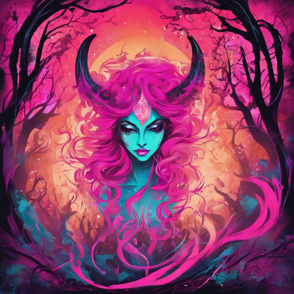 (a pink-haired demon woman,spells:1.1,glowing:1.1)(illustration)(best quality,ultra-detailed,realistic:1.37),demonic witch(demonic:1.1)(magic:1.1)(forest)(dark and mysterious,ominous atmosphere),casting powerful spells,creating magical energy(magic:1.1),vibrant pink hair(swirling pink hair)(flowing pink hair),horns(devil horns:1.1),piercing red eyes,enchanted scepter(magical scepter),elaborate dark robe,glowing magical sigils,fiery embers swirling(magical embers:1.1)(glowing embers),magical aura(glowing aura),eerie shadows,otherworldly presence(presence),sinister smile,nightfall in the background(dark night:1.1)(moonlit forest),lush and dense foliage(twisted trees)(mystical plants:1.1),mystical particles(swirling particles)(floating particles),ethereal glow(ethereal:1.1)(soft glow),faint moonlight breaking through the trees,haunting and captivating(scary atmosphere),bewitching beauty,wide range of colors(vivid colors)(contrasting colors),mystical realm,impressive details,dynamic composition,mesmerizing artwork,photorealistic style(picasso style),impressive shading and lighting,explosive energy,magical atmosphere(fantasy atmosphere),dreamlike scene