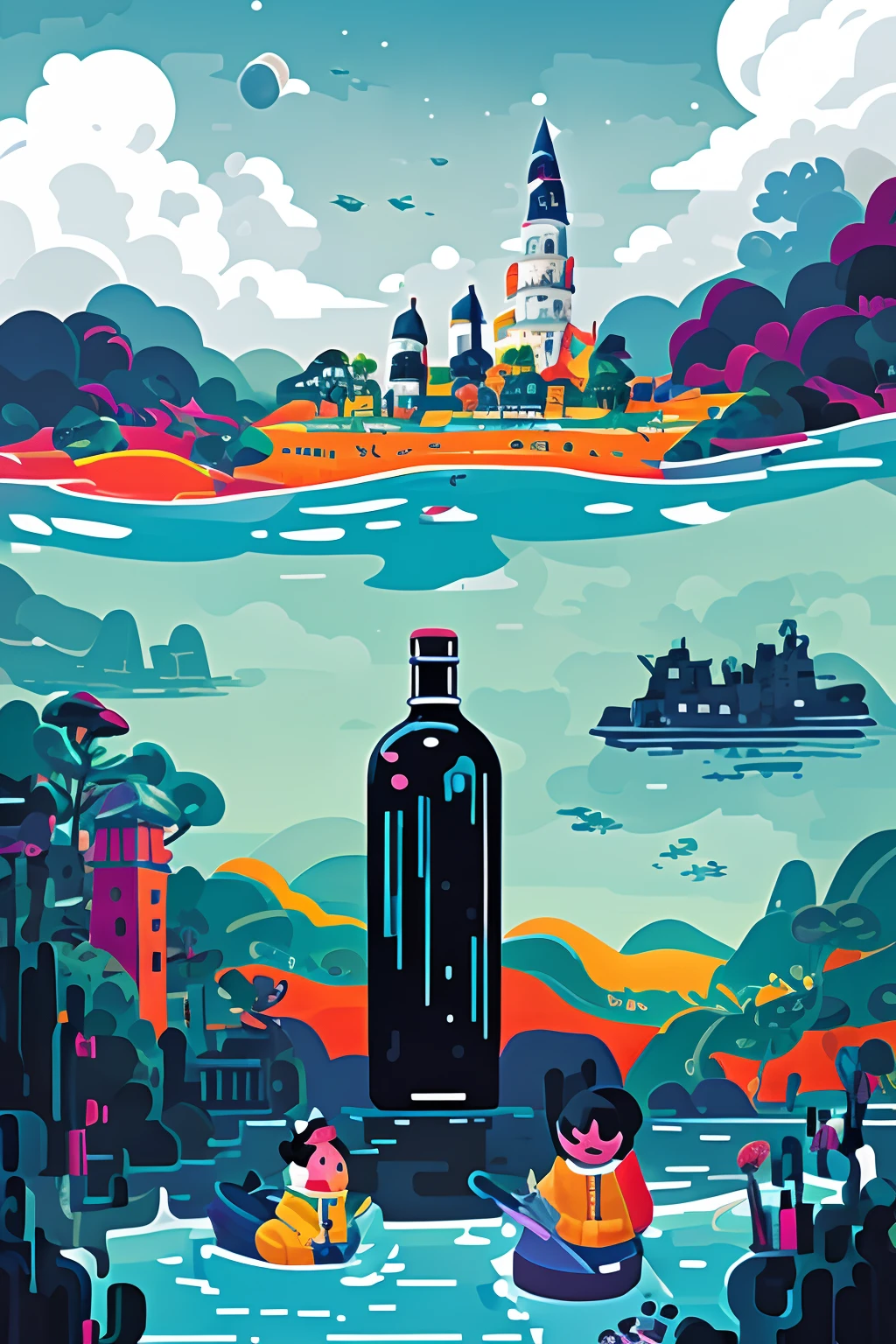 Quiet flat illustration by Victo Ngai,The Wu Guanzhong style was adopted。Soft blues and grays create an otherworldly atmosphere,It evokes a timeless sense of beauty and introspection。The melody of nature echoes in the air,Viewers are invited to immerse themselves in a tranquil journey。HD --ar 3:4 --s 400 --niji 5 illustration,Poster design,A bottle of wine,It creates an otherworldly atmosphere,A plant,buliding,canals,flatillustration,Ni Chuanjing style