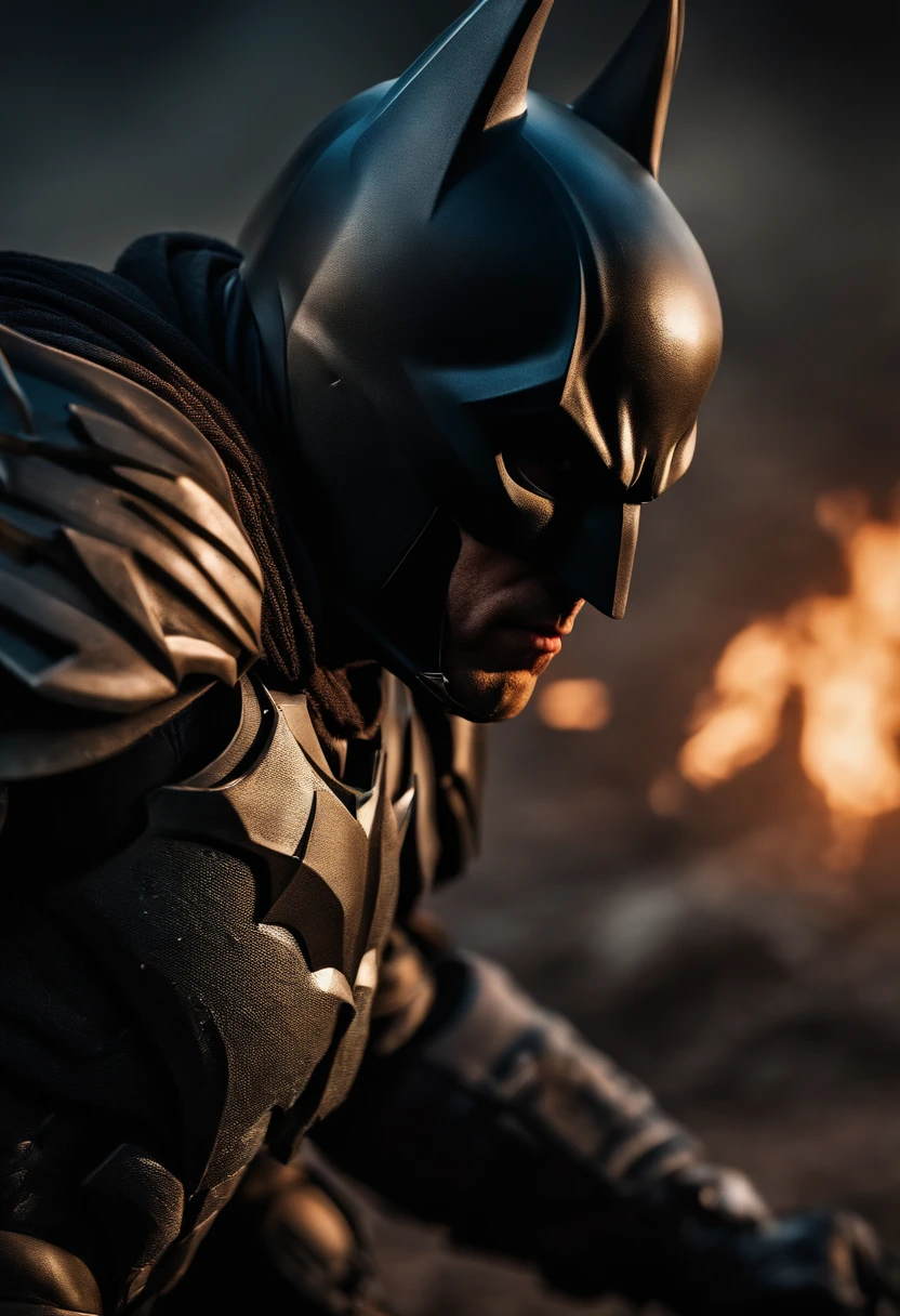 Batman as a Spartan warrior, Dying on the battlefield , Bloody armor, Epic, 8K, djfrnf