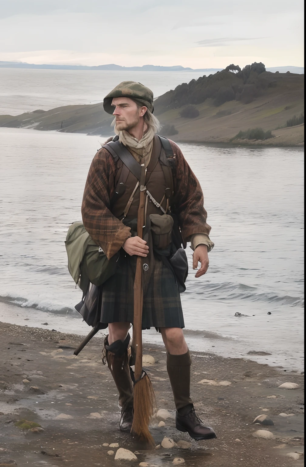 (((walking into a lake away from camera))), on a grey rainy day, tan color outfit, In a Highlander’s Shoes a Scots highlander, walks the bogs and mountainsides alone, a Story of Survival, History & Land, (((walking into a lake away from camera))), wearing a tan and khaki plaid kilt, a Tam o' Shanter, wearing traditional drovers outfit, carrying a staff dark, brown leather backpack, extreme long shot, full body shot, very large lake, walking in shallow shoreline, 24k resolution, impressionism art style, photorealistic, hyperdetailed, stormy clouds, up to his knees in water, no dock, walking away from camera,