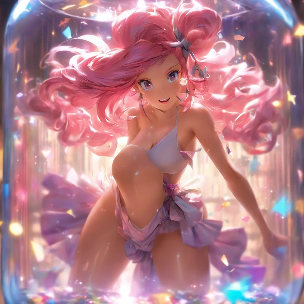 Masterpiece, best quality, super detailed, illustration, medium view, beautiful detailed eyes, ((far view, wide angle 1.31)), (glass jar:1.15),(girl in jar:1.35):(sitting girl), white hair, pink bow, sexy, facing face, big breasts, cleavage, big breasts, blushing, masturbation, Grab your own breasts, Spread your legs, bare legs, Raise your legs, underboob, visible bellybutton, pink hair, bow, purple bow