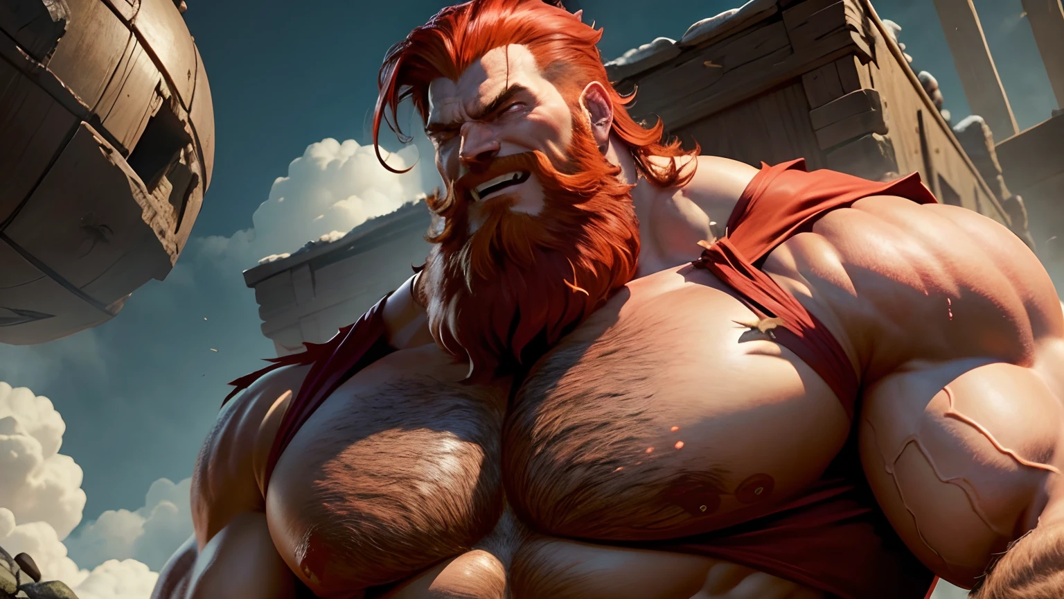 Giant growing huge muscular man large,even bigger,towering over the planet Hearth, enormous chest, red hair and beard, torn t-shirt, imposing, with an evil gaze,laughing to match,evil and gritty style.