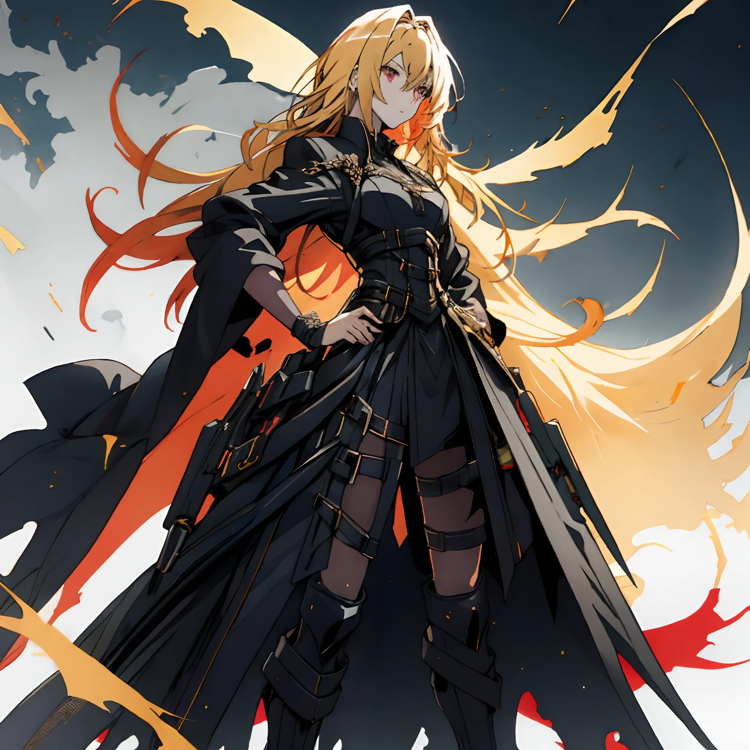 Yami the Golden Darkness wearing gloss black battle dress, hands in pockets, staring at another person, messy long yellow hair, cute red eyes, 8k resolution, very detailed, anatomically correct, digital painting, concept art, Shinkai Makoto style, clear picture, city,