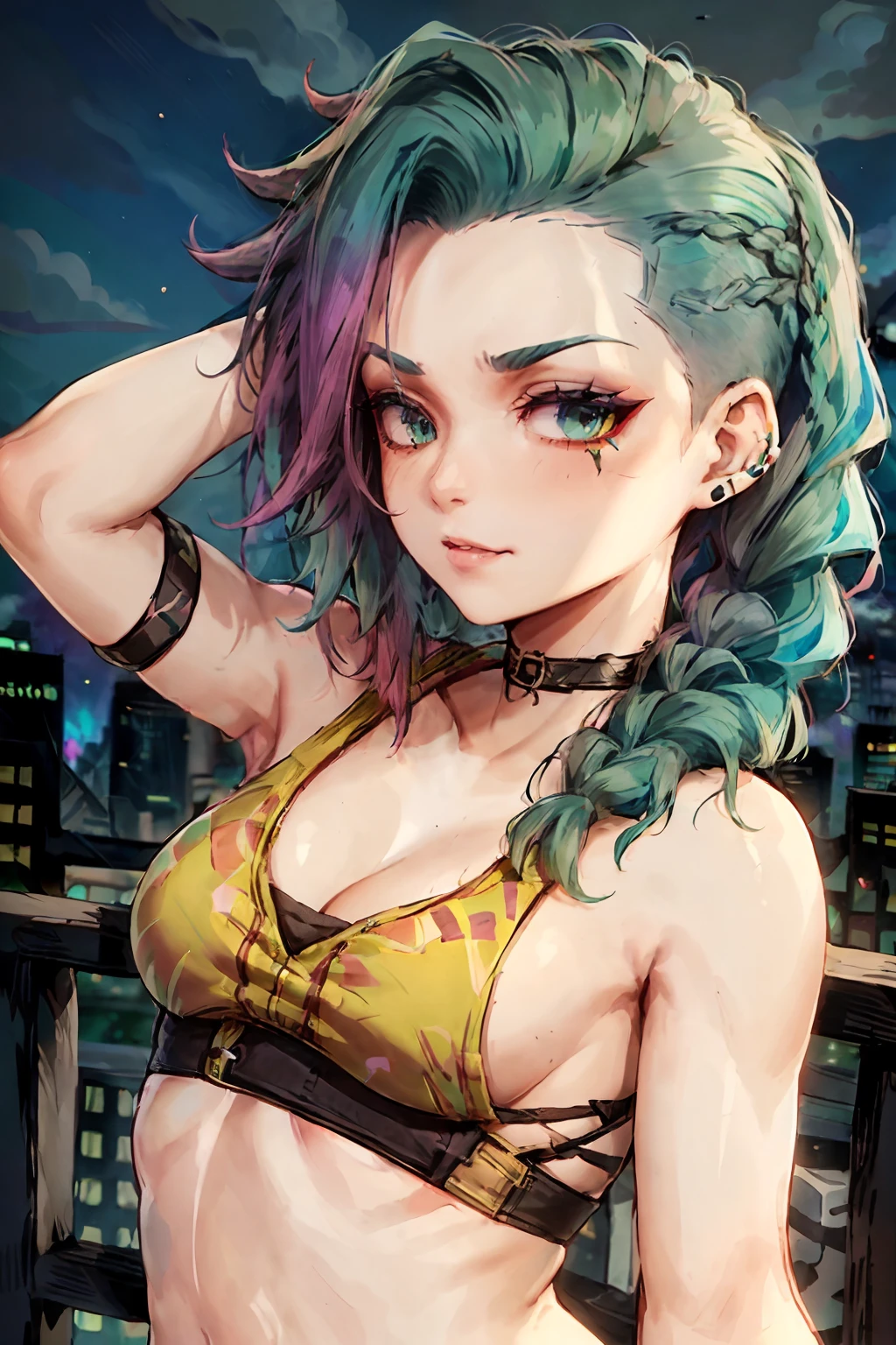 arcane style,

1girl, arm tattoo, asymmetrical bangs, bangs, blue hair,curly hair, braid, brown shirt, cloud tattoo, looking at viewer, laughing, crazy, uncontrollable laugh, mad look, night, city, green hair, short curly chinese hair, Half Buzzcut Hair,  midriff, pink eyes, red lips, shirt, solo, standing, tattoo, twin braids, upper body, arcane jinx, jinx \(league of legends\), gatito chiquito en los brazos de jinx de color blanco, gatitos en el fondo, en el escenario se ve una ciudad estilo arcane, una ciudad de noche con luces de neon,