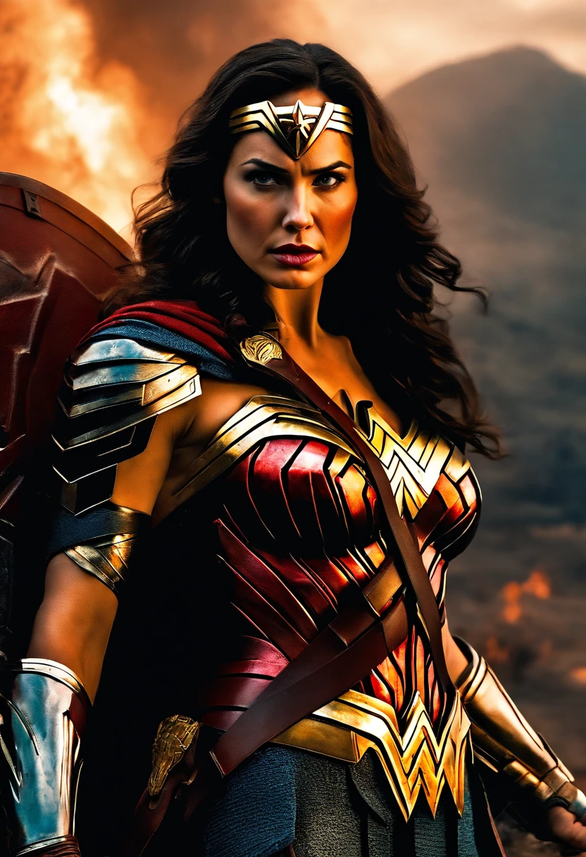 wonder woman as a spartan warrior, dying on battlefield , bloody armor, epic, 8k