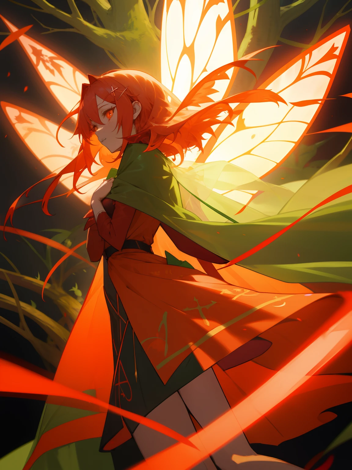 Anime game Arcane Garden's of the Great White Empire - A fairy named Babel, long light copper hair, an orange dress made of a cloth and many ribbons, many scarlet ribbons in her hair, a purple flower of lucoris and a hairpin in the form of a scarlet cross in her hair, orange eyes, one eye has a scarlet snake pupil in the form of a cross, large copper butterfly wings with patterns of crosses behind her back, green long ribbons wrapping around the legs, a translucent green cloak-veil, surrounded by mysterious spatial crosses and floating copper crosses, stands near a large tree of the Copper Garden