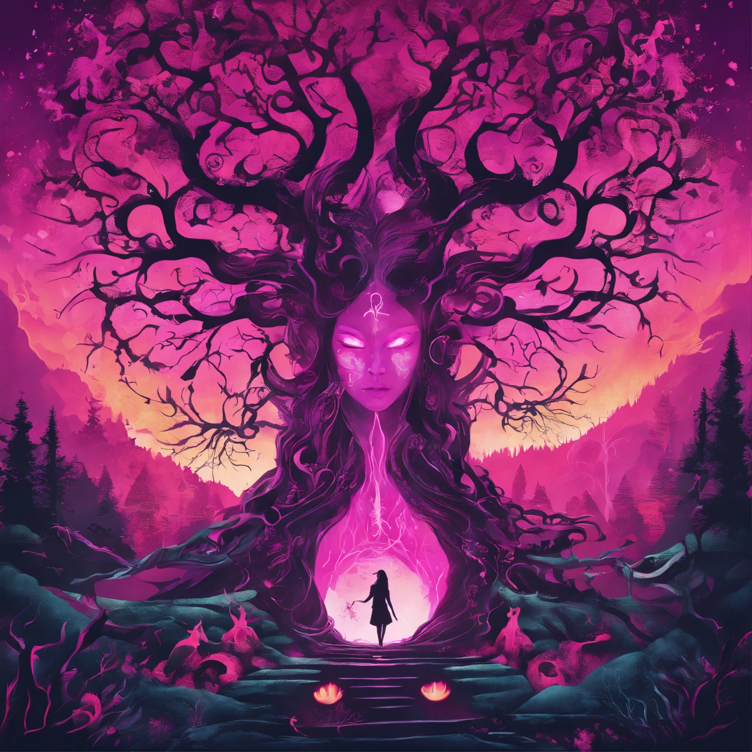 (a pink-haired demon woman,spells:1.1,glowing:1.1)(illustration)(best quality,ultra-detailed,realistic:1.37),demonic witch(demonic:1.1)(magic:1.1)(forest)(dark and mysterious,ominous atmosphere),casting powerful spells,creating magical energy(magic:1.1),vibrant pink hair(swirling pink hair)(flowing pink hair),horns(devil horns:1.1),piercing red eyes,enchanted scepter(magical scepter),elaborate dark robe,glowing magical sigils,fiery embers swirling(magical embers:1.1)(glowing embers),magical aura(glowing aura),eerie shadows,otherworldly presence(presence),sinister smile,nightfall in the background(dark night:1.1)(moonlit forest),lush and dense foliage(twisted trees)(mystical plants:1.1),mystical particles(swirling particles)(floating particles),ethereal glow(ethereal:1.1)(soft glow),faint moonlight breaking through the trees,haunting and captivating(scary atmosphere),bewitching beauty,wide range of colors(vivid colors)(contrasting colors),mystical realm,impressive details,dynamic composition,mesmerizing artwork,photorealistic style(picasso style),impressive shading and lighting,explosive energy,magical atmosphere(fantasy atmosphere),dreamlike scene