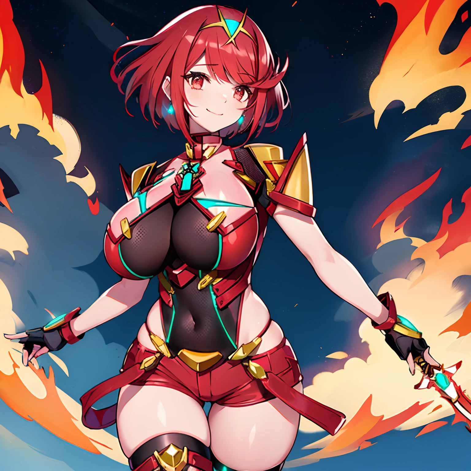 pyra \(xenoblade\), teen_1girl, armor, bangs, black gloves, breasts, red eyes, closed mouth, earrings, eyelashes, fingerless gloves, floating hair, framed breasts, gem, gloves, hair ornament, headpiece, jewelry, big_breasts, leaning back, leotard, neon trim, official art, pose, red hair, red shorts, saitou masatsugu, short hair, short shorts, short sleeves, shorts, sidelocks, skin tight, solo, standing, swept bangs, thighhighs, tiara, night_prairie_background, turtleneck, underbust, vambraces, xenoblade chronicles \(series\), (xenoblade chronicles 2), apart_legs, fire_effect,dynamic_pose_fighting,light_smile, (plump:1.1), big_ass,huge_sword, hold_large_sword_hilt, solo, covered_, covered_, nude