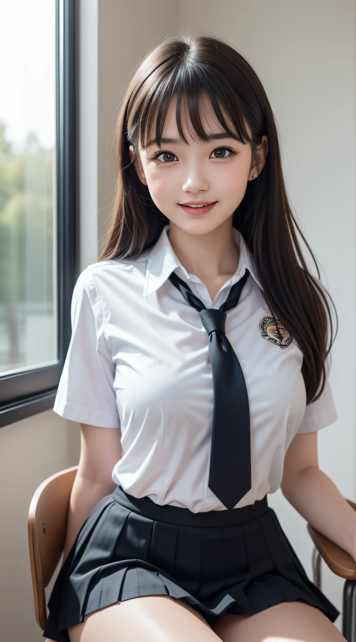ung girl, laugh shyly, (highly detailed eyes, highly detailed hair, highly detailed face), extremely detailed CG unified 8k wallpaper, Highly detailed, High-definition raw color photos, Professional Photography, Realistic portrait, Cinematic Light, ponytail, Bangs, (Beautiful breasts), (High school uniform with wide open breasts:1.2), (Pleated mini skirt:1.2), (sheer panties:1.1), School, desk, chair, blackboard, window, (view from below1.2)