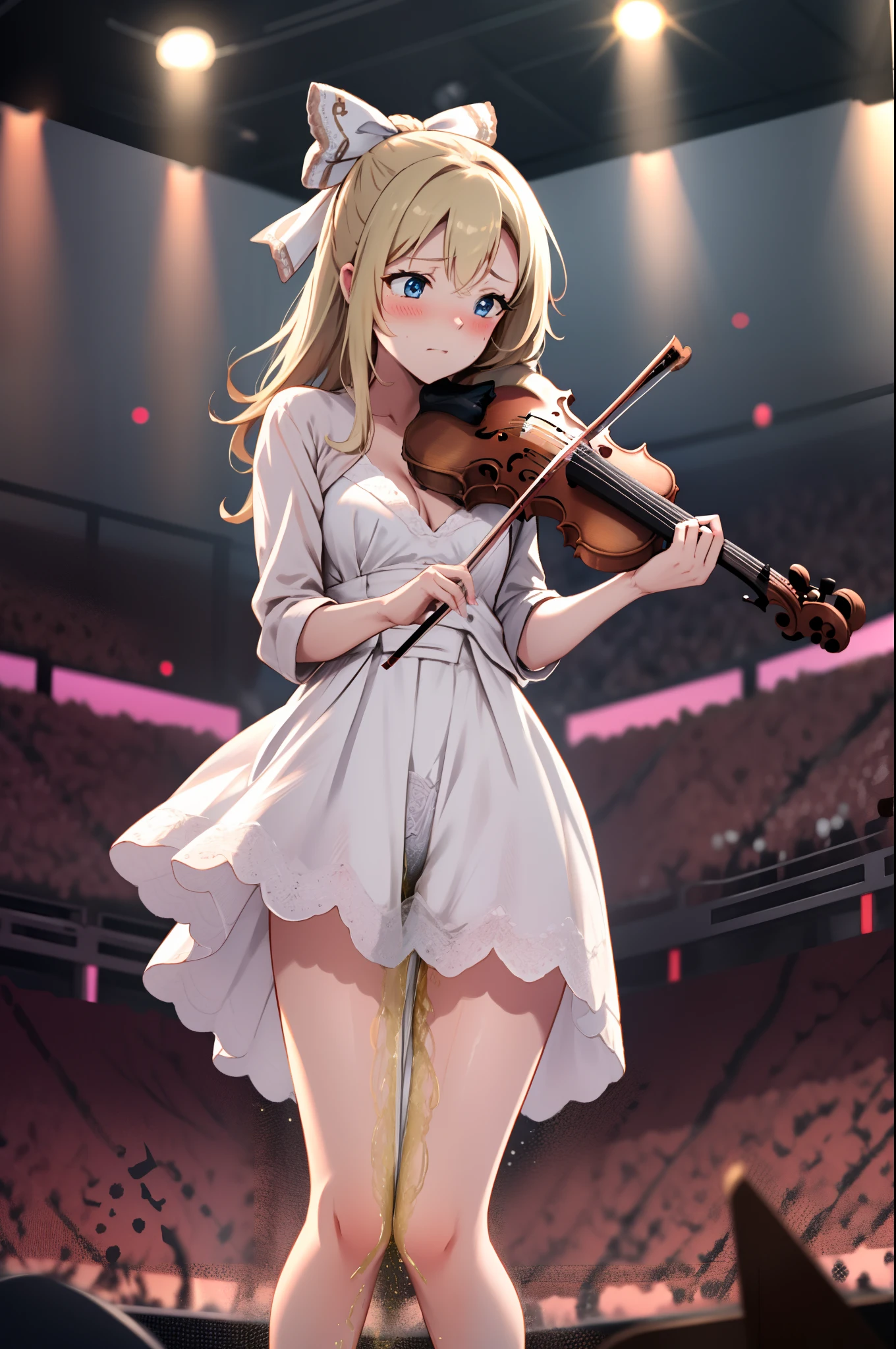 full body, sexy blonde woman, playing violin, on large stage at busy concert in spotlight, peeing self, have to pee, standing legs crossed, worried, blushing, shy, puddle of urine, blue_eyes, humiliated, looking down, flushed, panicked, white lingerie, upskirt, lingerie, high heels with bows, trembling, full face blush, blushing, shy, terrified,