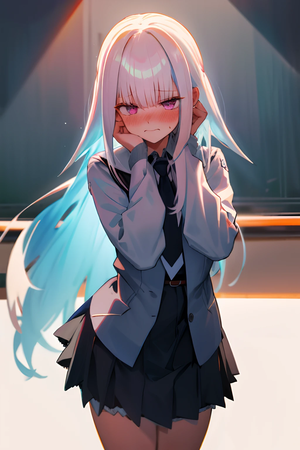 One girl with long hair, white hair, looking away, embarrassed, blushing, mouth small open, classroom, white tight shirt, mini black skirt, thigh , school uniform, necktie, hands on own face, ear blush, covering face, mature female, close up