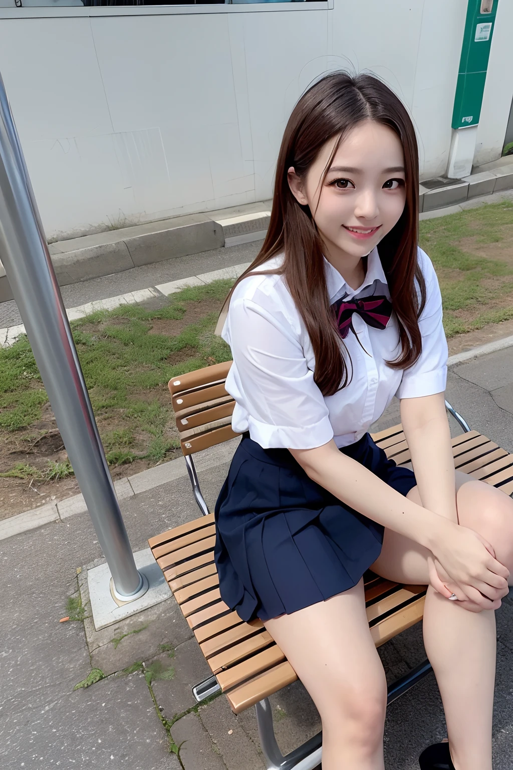 (realisitic、Photorealsitic:1.37)、(masterpiece)、(top-quality:1.4)、(超A high resolution:1.2)、(Raw photography:1.2)、(foco nítido:1.3)、(Face Focus:1.2)、elegent、(full body Esbian:1.2)、top-quality、masterpiece、(真实感:1.2)、girl with、brown haired、Brown-eyed、frontage、A detailed face、beautidful eyes、Pleated mini skirt uniform、Panties are slightly visible、Take a bold seat at the bus stop(1.5)、Biting smile、a lot of eyelashes、high-heels、 Very pretty
