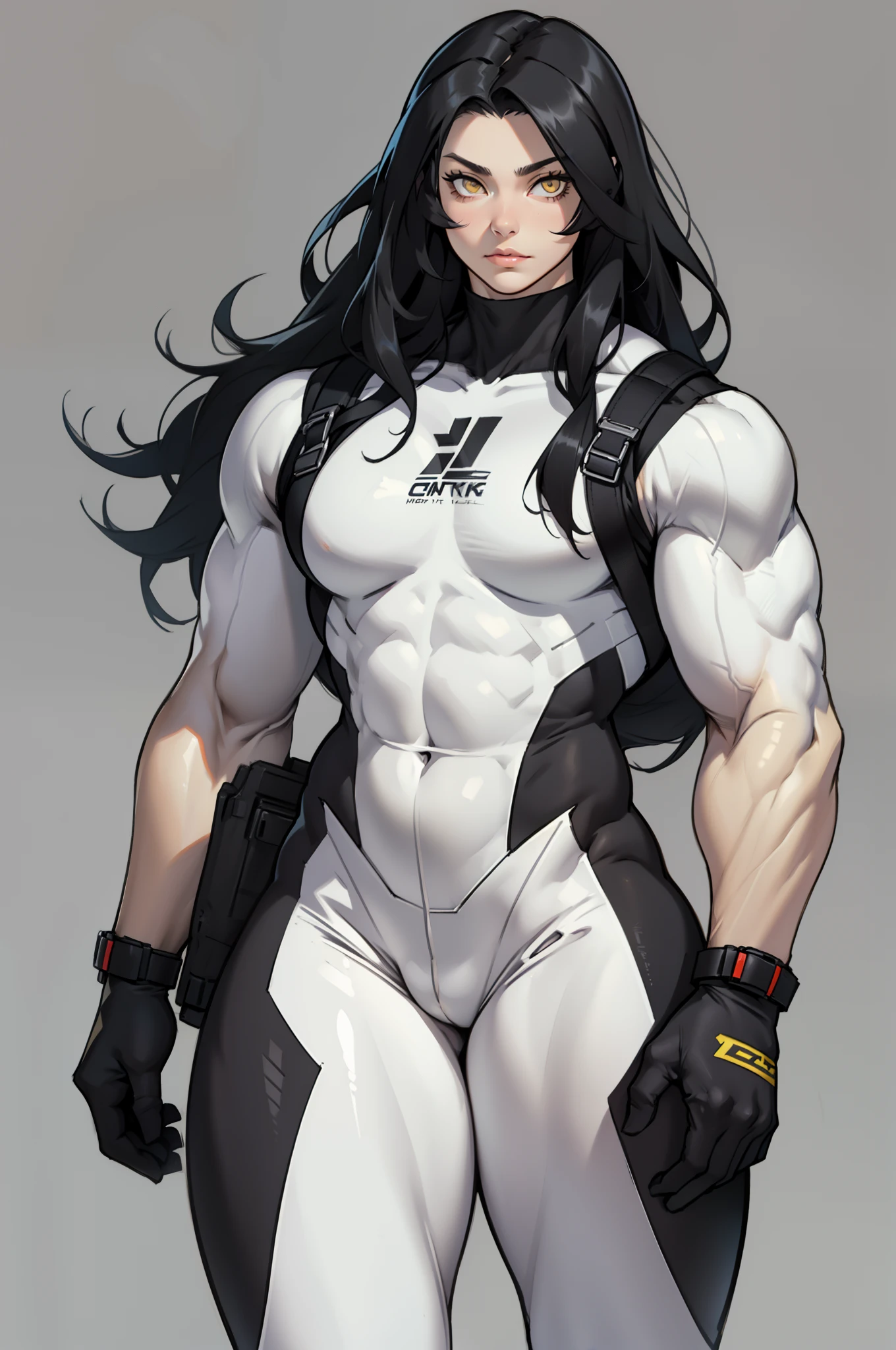 ((grey background)), (((((1 girl))))), black hair, yellow eyes, very long hair, ((((((muscular)))))), tall, pale skin, bodysuit, (solo), curvy, wide hips, thick thighs, cowboy shot