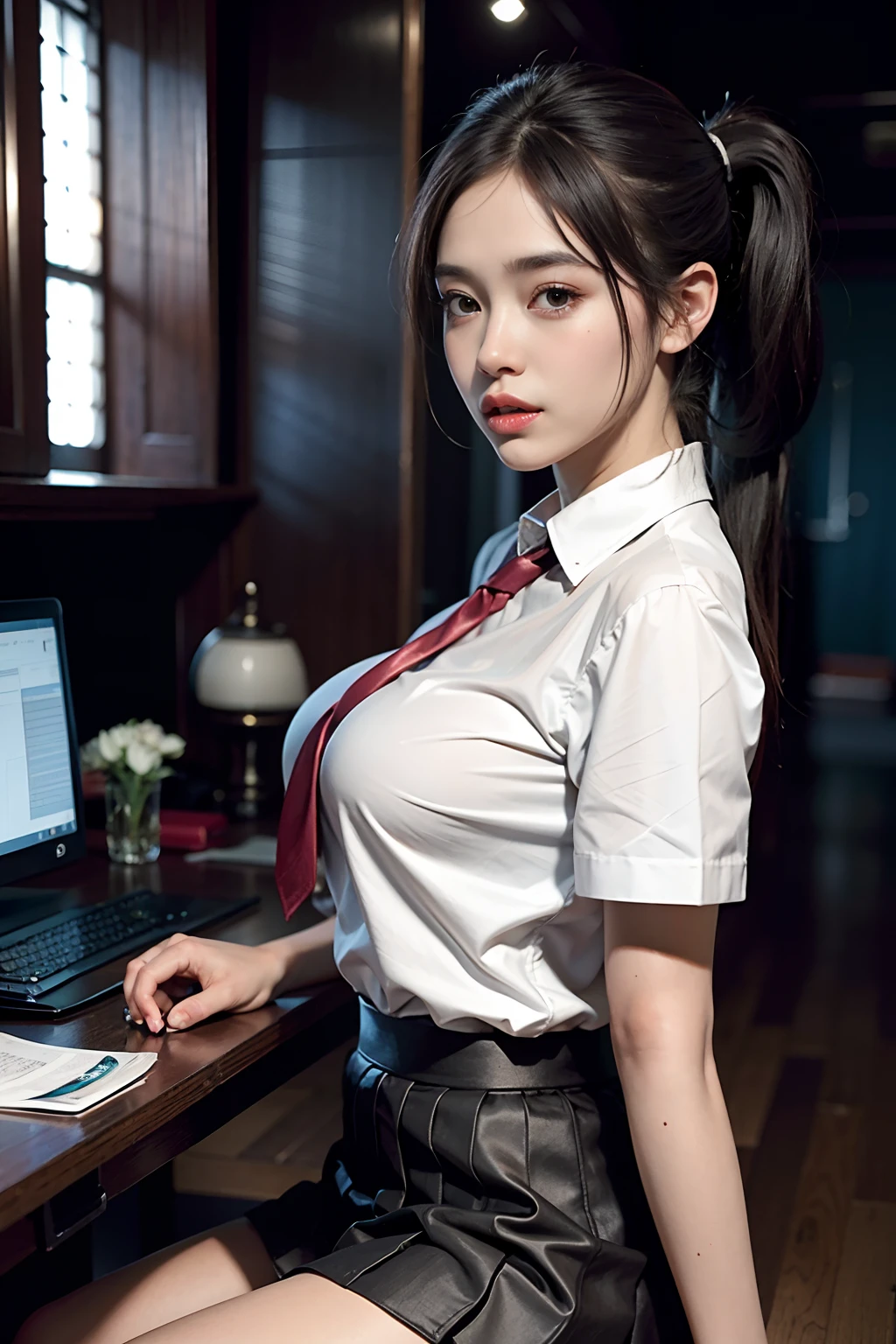 Ultra photo realsisim, 8k, cg，s the perfect face，flawless perfection，Ren，tmasterpiece，professionalartwork，famousartwork，s the perfect face，beauitful face，beautidful eyes，((((double ponytail)))),（（Perfect female body）），独奏，（immersiveatmosphere，lightand shade contrast：1.5，Bright light:1.2,lumnious),(Blushlush:0.5),Enchanting expression,Ultimate detail_The eye,thick thight,huge tit,Exquisite background,depth of fields,photorealestic:1.3,Faraway view,1girll,The shirt,pleatedskirt,school uniform，Sit Pose，((((full bodyesbian))))，（ambient lights：1.3），（cinematic compositions：1.3），（neonlight：0.1），（hdr：0.1），emphasis lighting，White panty hose，