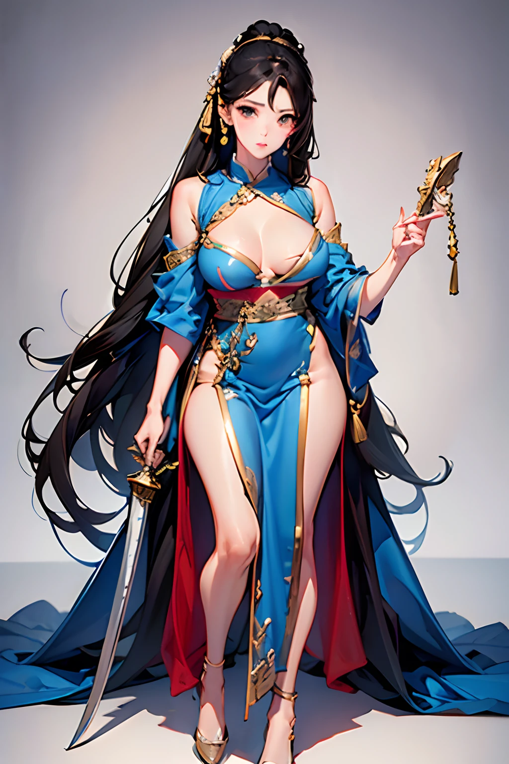 NSFW, obra-prima, melhor qualidade, ultra-detalhado, semi-realista, detailedfacialfeatures, 1mulher,usando roupas velha wuxia,voluptuoso,sensual,cabelos negros longos,roupa escura, audaciosa,holding in his left hand a thick and long sword.
