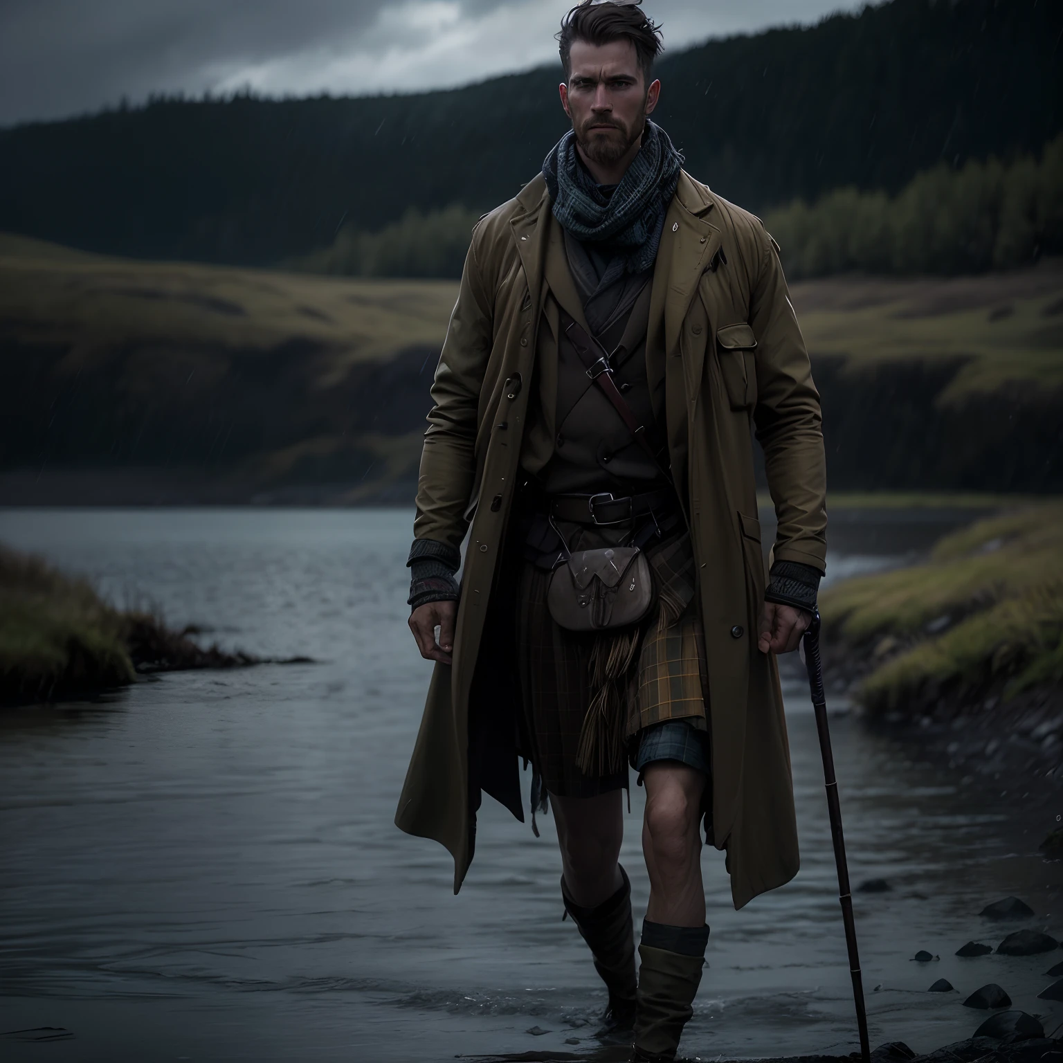 (((walking into a lake away from camera))), on a grey rainy day, tan color outfit, In a Highlander's Shoes a Scots highlander, walks the bogs and mountainsides alone, a Story of Survival, History & Land,  (((walking into a lake away from camera))), wearing a tan and khaki plaid kilt, wearing traditional drovers outfit, carrying a staff dark, brown leather backpack, extreme long shot, full body shot, very large lake, walking in shallow shoreline, 24k resolution, impressionism art style, photorealistic, hyperdetailed, stormy clouds, up to his knees in water, no dock, walking away from camera,