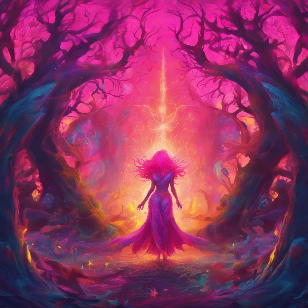 (a pink-haired demon woman,spells:1.1,glowing:1.1)(illustration)(best quality,ultra-detailed,realistic:1.37),demonic witch(demonic:1.1)(magic:1.1)(forest)(dark and mysterious,ominous atmosphere),casting powerful spells,creating magical energy(magic:1.1),vibrant pink hair(swirling pink hair)(flowing pink hair),horns(devil horns:1.1),piercing red eyes,enchanted scepter(magical scepter),elaborate dark robe,glowing magical sigils,fiery embers swirling(magical embers:1.1)(glowing embers),magical aura(glowing aura),eerie shadows,otherworldly presence(presence),sinister smile,nightfall in the background(dark night:1.1)(moonlit forest),lush and dense foliage(twisted trees)(mystical plants:1.1),mystical particles(swirling particles)(floating particles),ethereal glow(ethereal:1.1)(soft glow),faint moonlight breaking through the trees,haunting and captivating(scary atmosphere),bewitching beauty,wide range of colors(vivid colors)(contrasting colors),mystical realm,impressive details,dynamic composition,mesmerizing artwork,photorealistic style(picasso style),impressive shading and lighting,explosive energy,magical atmosphere(fantasy atmosphere),dreamlike scene