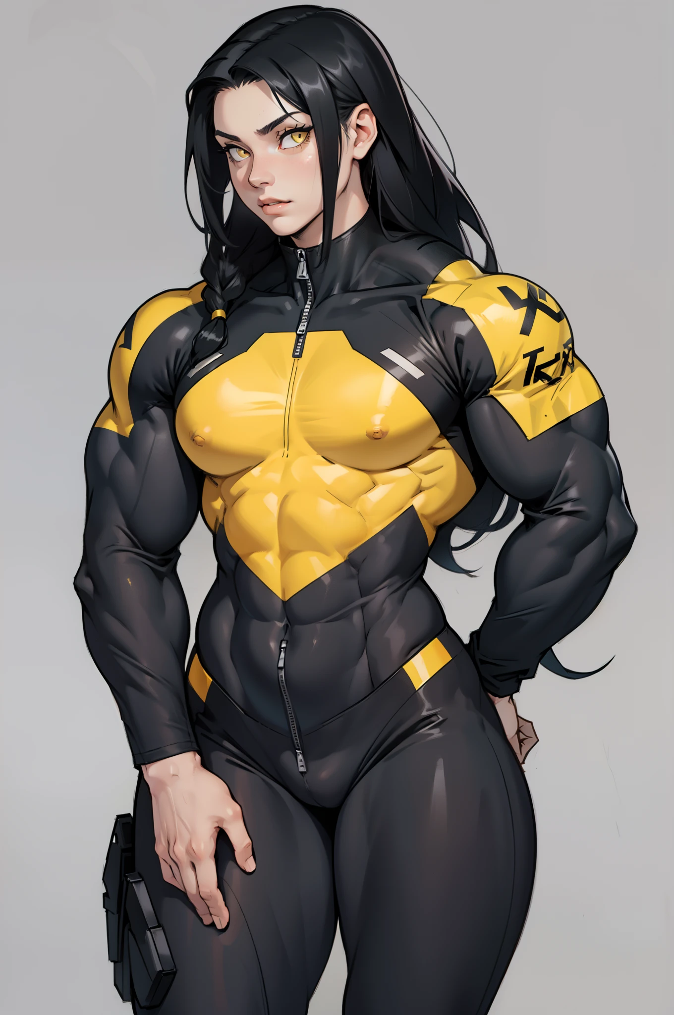 ((grey background)), (((((1 girl))))), black hair, yellow eyes, very long hair, ((((((muscular)))))), tall, pale skin, bodysuit, (solo), curvy, wide hips, thick thighs, cowboy shot