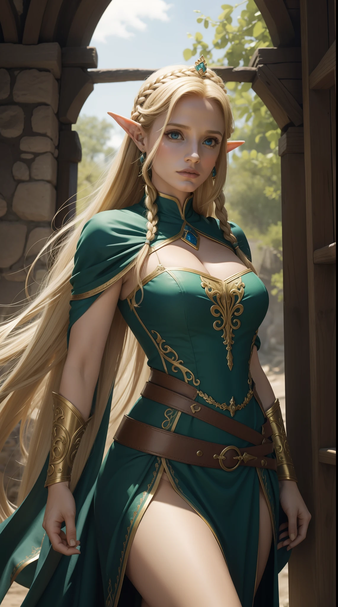 ((Best Quality)), ((masterpiece)), (detailed), Award-winning works, With incredible details, Maximum textures and details, HD ,8k,Super resolution ,depth of field, retina, masterpiece, anatomically correct, textured skin, Super detail, High details, High resolution ,1 An elf , long wavy blonde hair, green eyes, green and gold cloak, green and gold medieval dress , Sunset ,hair in the wind,very long blonde braided hair ,((long blond hair,)),shy smile,similar to the work of JRR Tolkien,long cap ,light armor,Whole body, hyper-detailed piercing eyes , (25 year old young man :1.1,detailedeyes, face detailed, whole body:1.1,the background is the same as Lothlórien ),(Best Qualityer:1.2,Ultra details:1.1,realisitic:1.37) ,eye shadows,sharp focus,Vibrant, swirling colors,)