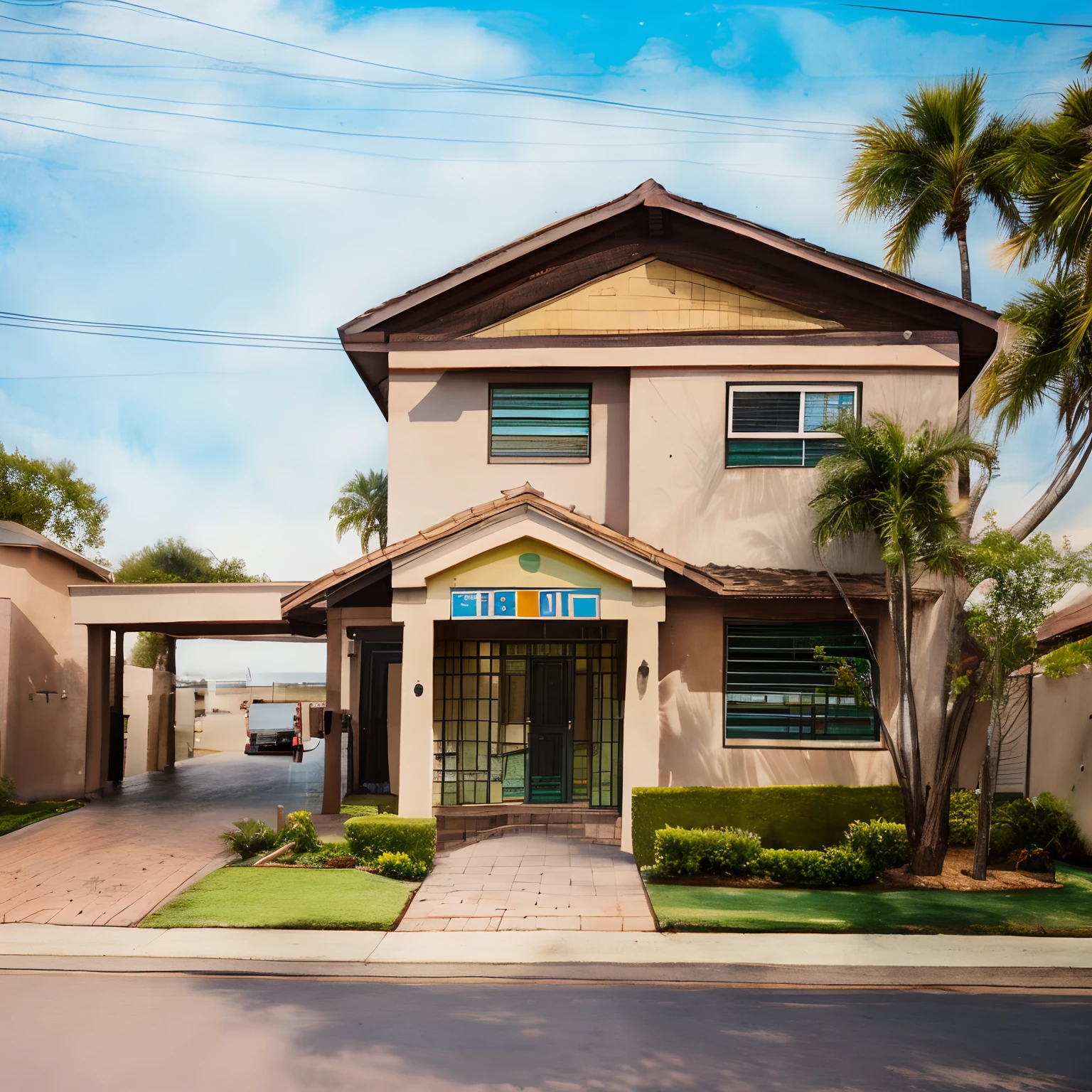 best quality,highres,ultra-detailed,realistic:1.37,Fotografia,suburban street,concrete roads,well-paved,steel frame houses,American and Brazilian style mix,trees-lined street