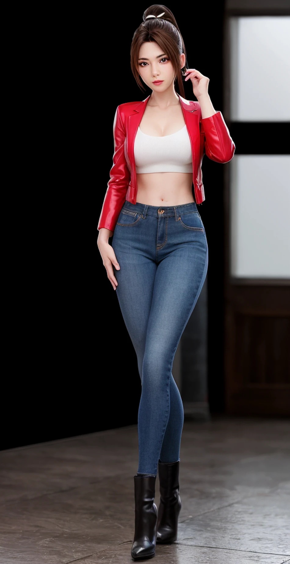mai shiranui posando pra foto, rosto angelical, expression serious, rosto detalhado, corpo perfeito, Makeup bug fix, Textura ultrarrealista,, usando uma minisaia preta, black miniskirt, usando bota preta, Black boot, usando meias cano alto, usando black top cropped, usando jaqueta jeans azul, jaqueta jeans azul