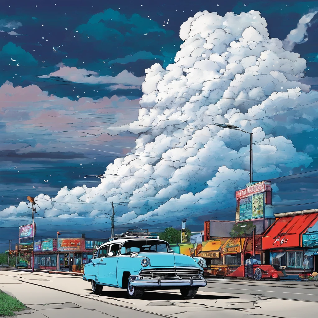 Down Rt. 66 Before the Great Storm, Nostalgic, Annual lighting display, cumulonimbus clouds, voluminetric lighting, Big sky
