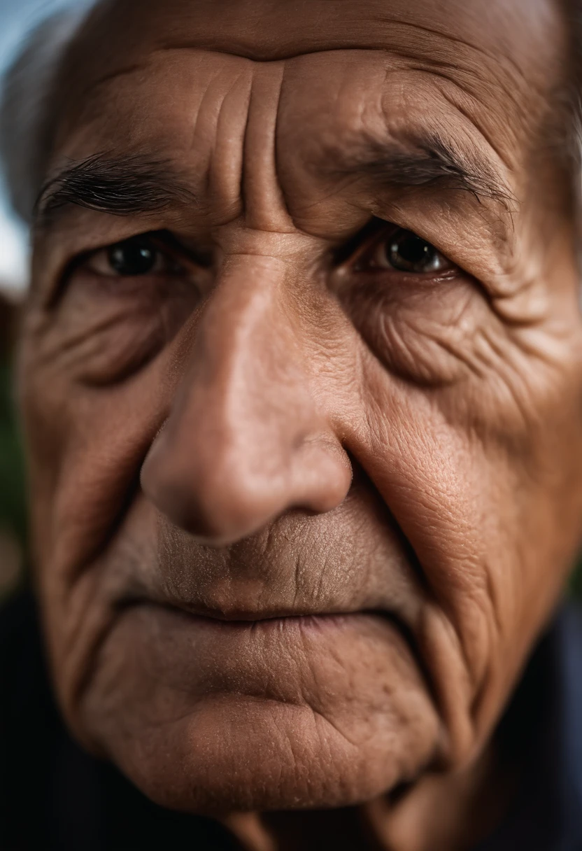 A detailed, macro photograph of an elderly man's face, captured using a Sony A7r camera with a 50mm FE - F 2.8 Lentille GM.