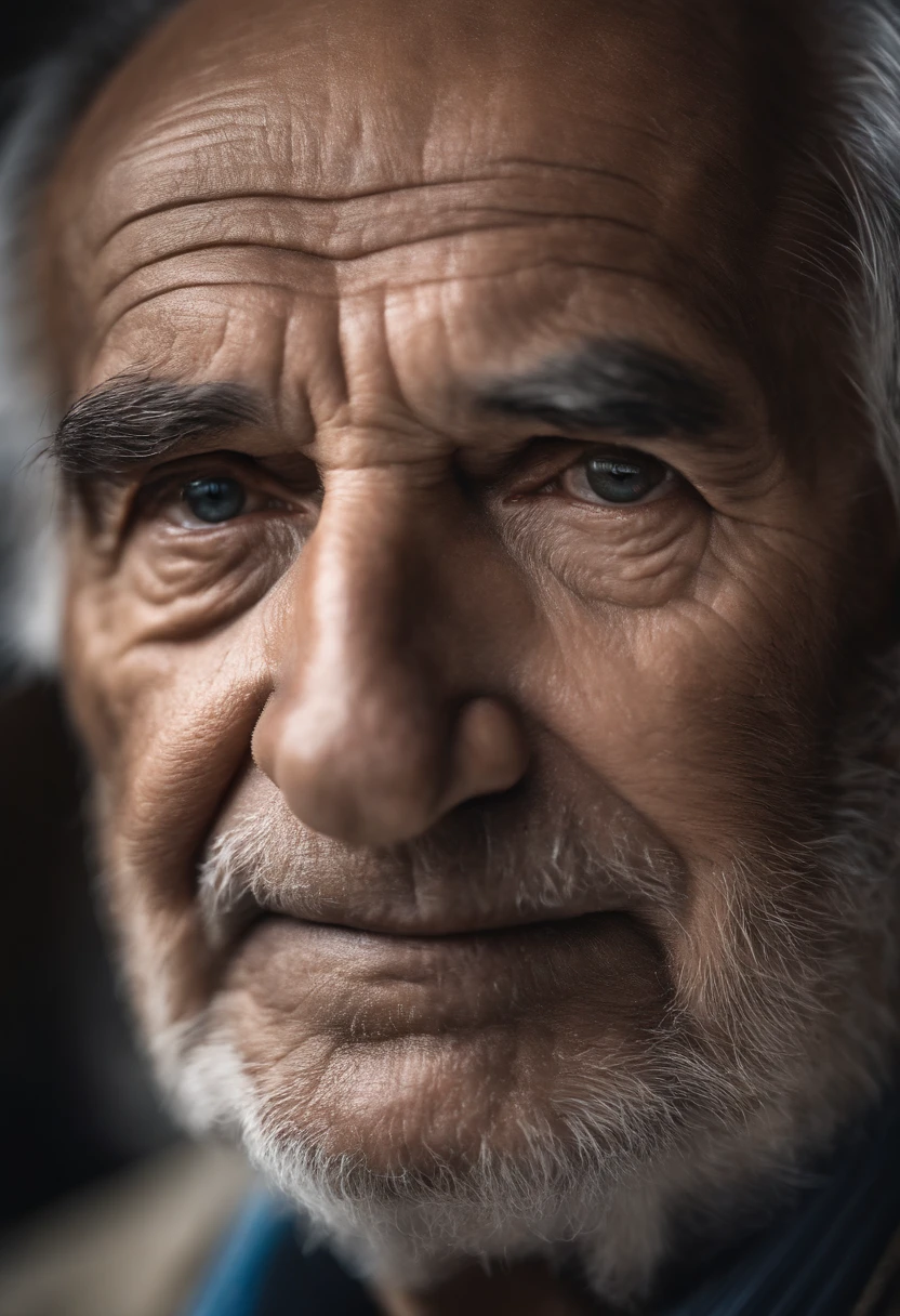 A detailed, macro photograph of an elderly man's face, captured using a Sony A7r camera with a 50mm FE - F 2.8 Lentille GM.
