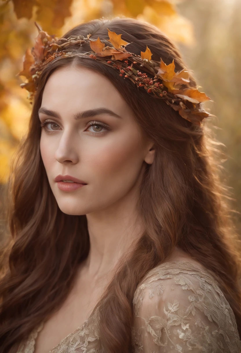 An incredibly detailed close-up portrait of a mystical woman with long flowing hair, olhar atencioso. She has elven ears, flawless skin and is wearing an intricate dress woven from autumn leaves and branches. soft lighting, Moody. intrincado, altamente detalhado, pintura digital.