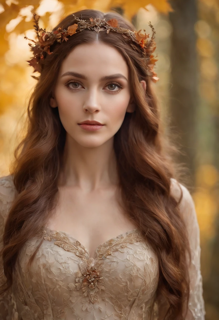 An incredibly detailed close-up portrait of a mystical woman with long flowing hair, olhar atencioso. She has elven ears, flawless skin and is wearing an intricate dress woven from autumn leaves and branches. soft lighting, Moody. intrincado, altamente detalhado, pintura digital.