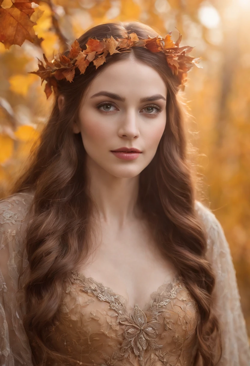 An incredibly detailed close-up portrait of a mystical woman with long flowing hair, olhar atencioso. She has elven ears, flawless skin and is wearing an intricate dress woven from autumn leaves and branches. soft lighting, Moody. intrincado, altamente detalhado, pintura digital.