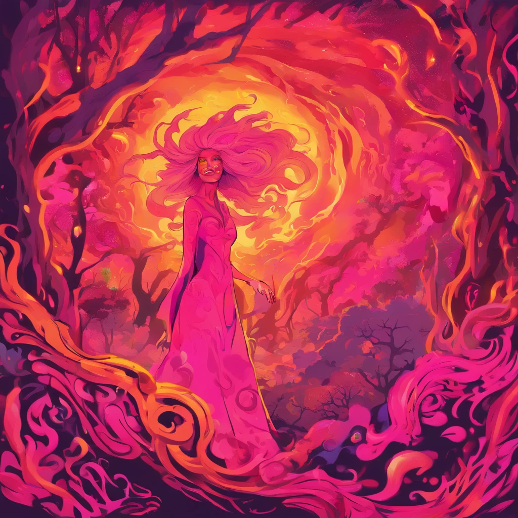 (a pink-haired demon woman,spells:1.1,glowing:1.1)(illustration)(best quality,ultra-detailed,realistic:1.37),demonic witch(demonic:1.1)(magic:1.1)(forest)(dark and mysterious,ominous atmosphere),casting powerful spells,creating magical energy(magic:1.1),vibrant pink hair(swirling pink hair)(flowing pink hair),horns(devil horns:1.1),piercing red eyes,enchanted scepter(magical scepter),elaborate dark robe,glowing magical sigils,fiery embers swirling(magical embers:1.1)(glowing embers),magical aura(glowing aura),eerie shadows,otherworldly presence(presence),sinister smile,nightfall in the background(dark night:1.1)(moonlit forest),lush and dense foliage(twisted trees)(mystical plants:1.1),mystical particles(swirling particles)(floating particles),ethereal glow(ethereal:1.1)(soft glow),faint moonlight breaking through the trees,haunting and captivating(scary atmosphere),bewitching beauty,wide range of colors(vivid colors)(contrasting colors),mystical realm,impressive details,dynamic composition,mesmerizing artwork,photorealistic style(picasso style),impressive shading and lighting,explosive energy,magical atmosphere(fantasy atmosphere),dreamlike scene