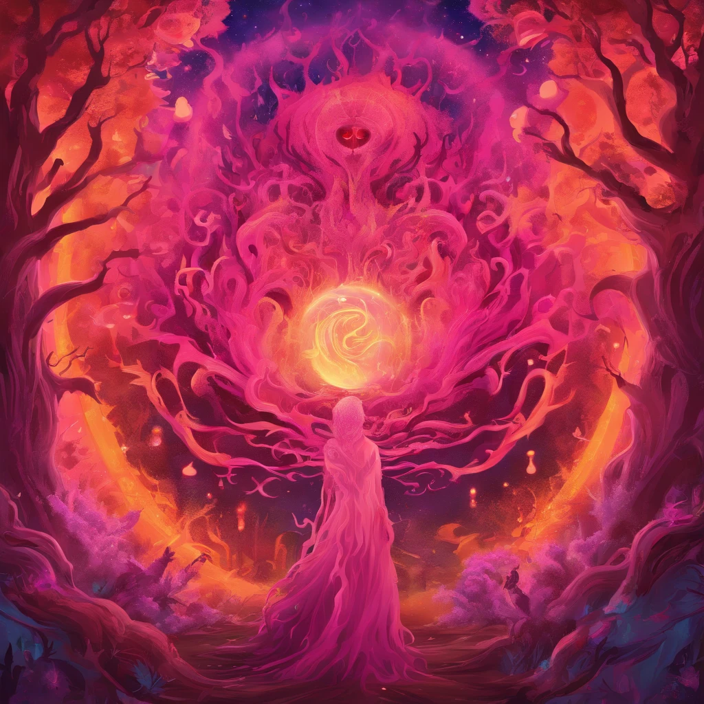 (a pink-haired demon woman,spells:1.1,glowing:1.1)(illustration)(best quality,ultra-detailed,realistic:1.37),demonic witch(demonic:1.1)(magic:1.1)(forest)(dark and mysterious,ominous atmosphere),casting powerful spells,creating magical energy(magic:1.1),vibrant pink hair(swirling pink hair)(flowing pink hair),horns(devil horns:1.1),piercing red eyes,enchanted scepter(magical scepter),elaborate dark robe,glowing magical sigils,fiery embers swirling(magical embers:1.1)(glowing embers),magical aura(glowing aura),eerie shadows,otherworldly presence(presence),sinister smile,nightfall in the background(dark night:1.1)(moonlit forest),lush and dense foliage(twisted trees)(mystical plants:1.1),mystical particles(swirling particles)(floating particles),ethereal glow(ethereal:1.1)(soft glow),faint moonlight breaking through the trees,haunting and captivating(scary atmosphere),bewitching beauty,wide range of colors(vivid colors)(contrasting colors),mystical realm,impressive details,dynamic composition,mesmerizing artwork,photorealistic style(picasso style),impressive shading and lighting,explosive energy,magical atmosphere(fantasy atmosphere),dreamlike scene