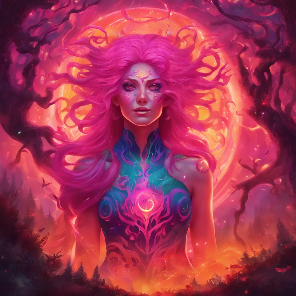 (a pink-haired demon woman,spells:1.1,glowing:1.1)(illustration)(best quality,ultra-detailed,realistic:1.37),demonic witch(demonic:1.1)(magic:1.1)(forest)(dark and mysterious,ominous atmosphere),casting powerful spells,creating magical energy(magic:1.1),vibrant pink hair(swirling pink hair)(flowing pink hair),horns(devil horns:1.1),piercing red eyes,enchanted scepter(magical scepter),elaborate dark robe,glowing magical sigils,fiery embers swirling(magical embers:1.1)(glowing embers),magical aura(glowing aura),eerie shadows,otherworldly presence(presence),sinister smile,nightfall in the background(dark night:1.1)(moonlit forest),lush and dense foliage(twisted trees)(mystical plants:1.1),mystical particles(swirling particles)(floating particles),ethereal glow(ethereal:1.1)(soft glow),faint moonlight breaking through the trees,haunting and captivating(scary atmosphere),bewitching beauty,wide range of colors(vivid colors)(contrasting colors),mystical realm,impressive details,dynamic composition,mesmerizing artwork,photorealistic style(picasso style),impressive shading and lighting,explosive energy,magical atmosphere(fantasy atmosphere),dreamlike scene